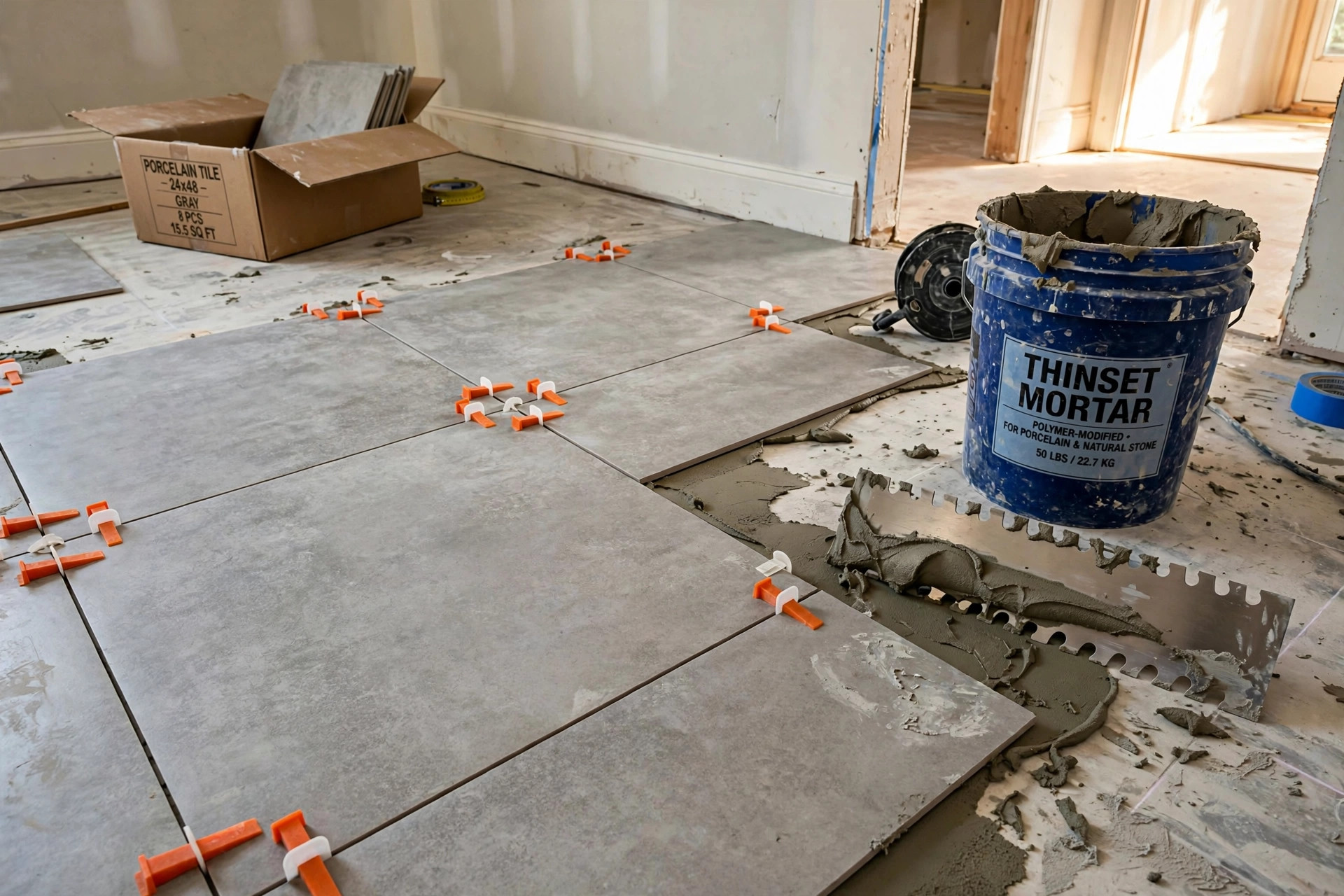 tile leveling system reviews for diyers usa: Freshly laid large-format tiles with orange leveling wedges along the grout lines