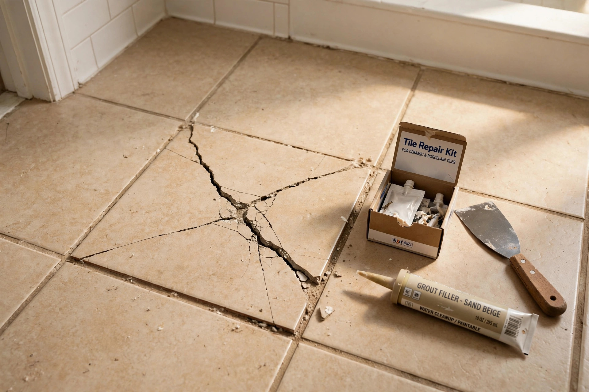 cracked tile repair kit reviews usa: Cracked floor tile being repaired with a tile repair kit in an American bathroom