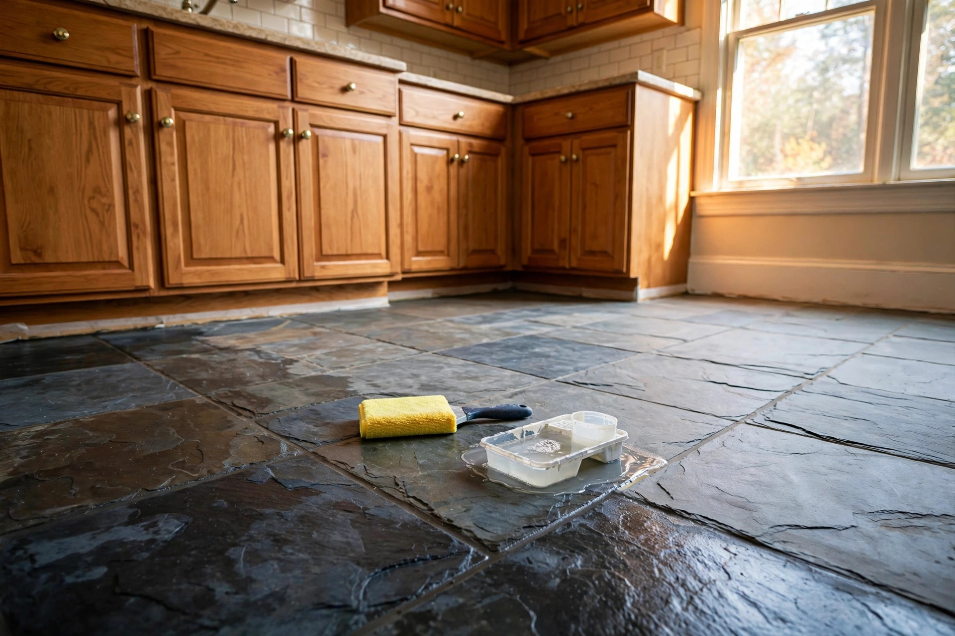 sealing natural stone tile floors guide usa: Sealing natural stone tile floors in a real American kitchen, with a hand roller applying clear sealer to slate tiles