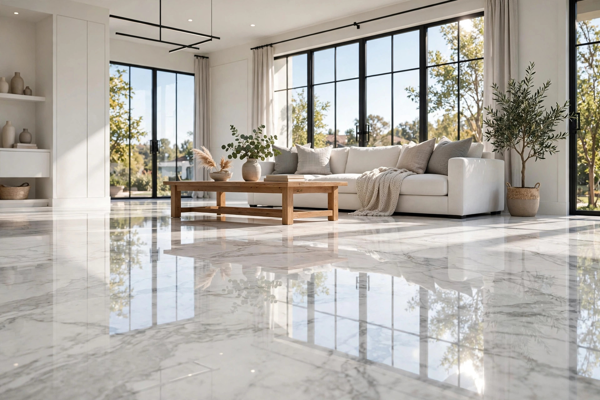 Shiny polished marble floor after a local marble floor polishing service near me cost job