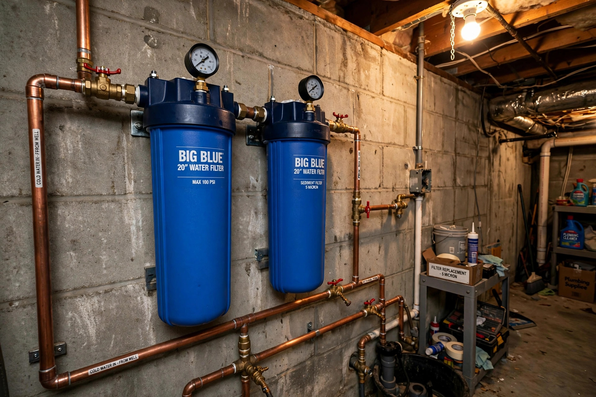 best whole house water filter system usa: Best whole house water filter system installed in an American home basement