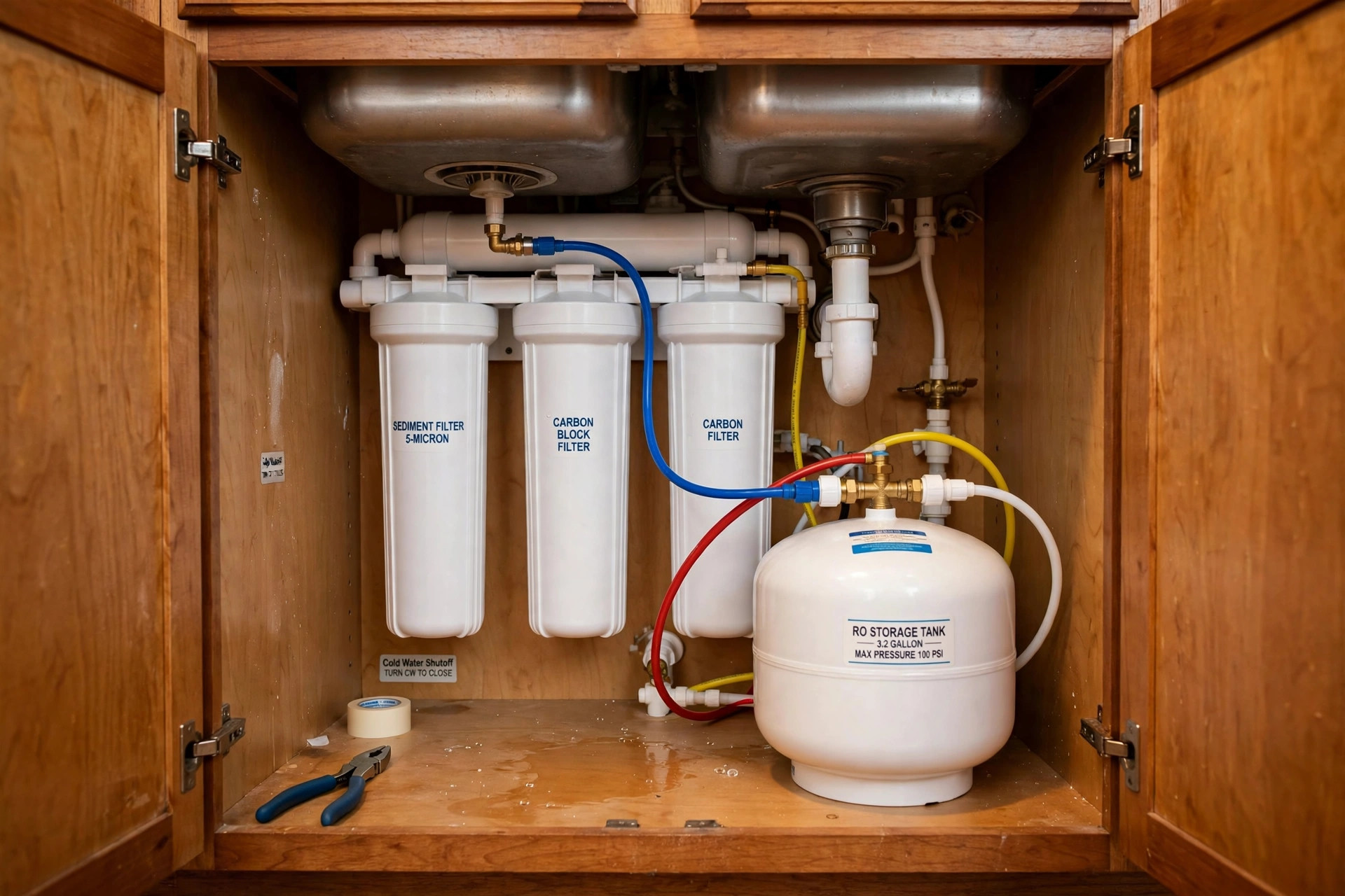 Reverse osmosis system under sink reviews usa — under-sink filter unit installed in an American kitchen cabinet