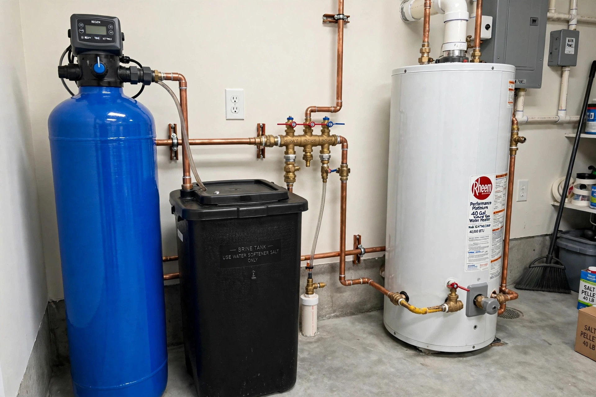 water softener installation cost near me: Water softener tank installed next to a water heater in an American home utility room