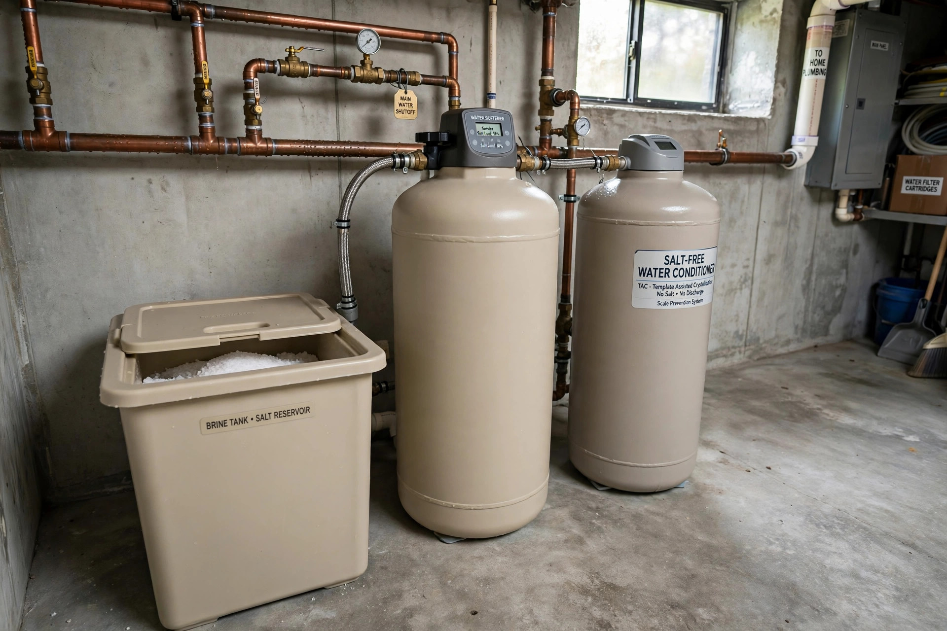 Whole-house water softener tank and water conditioner installed beside a home water main, water softener vs conditioner comparison usa