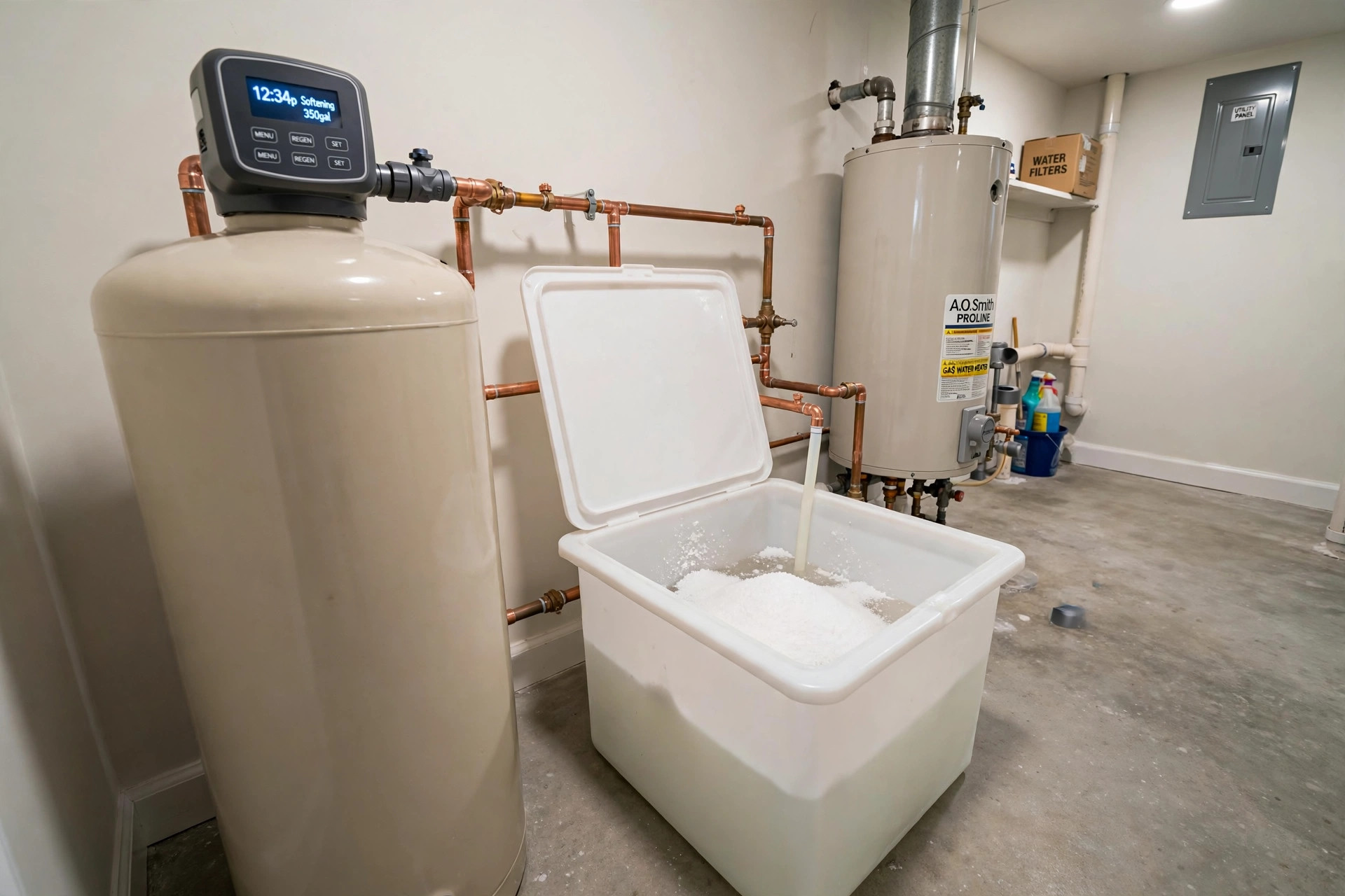 Water softener tank in an American home utility room, a guide to how to size a water softener usa guide