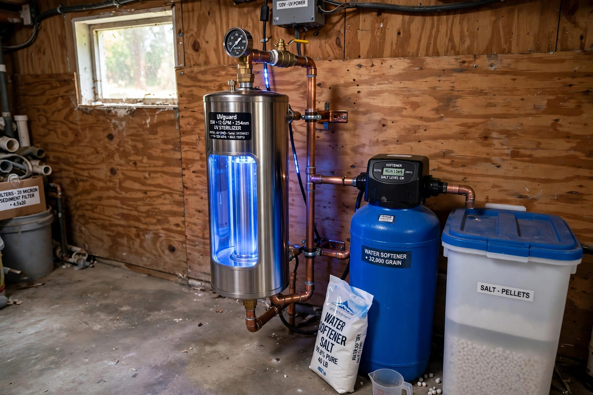 uv water purifier for well water reviews: A whole-house UV water purifier installed on a pipe in a rural home utility room