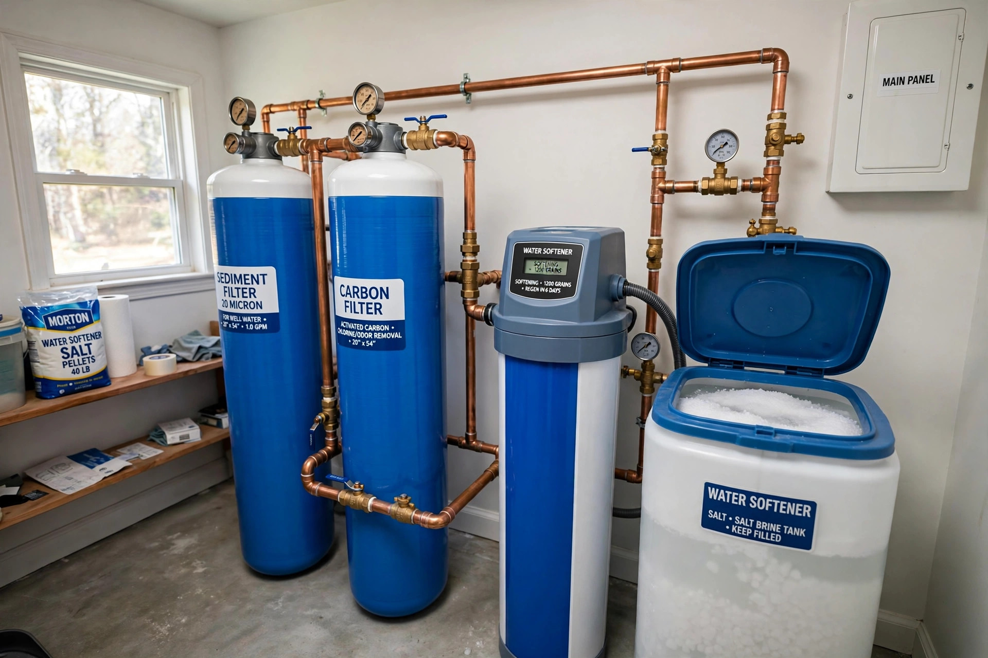 best well water filtration system reviews usa: Whole house well water filtration system in a home utility room