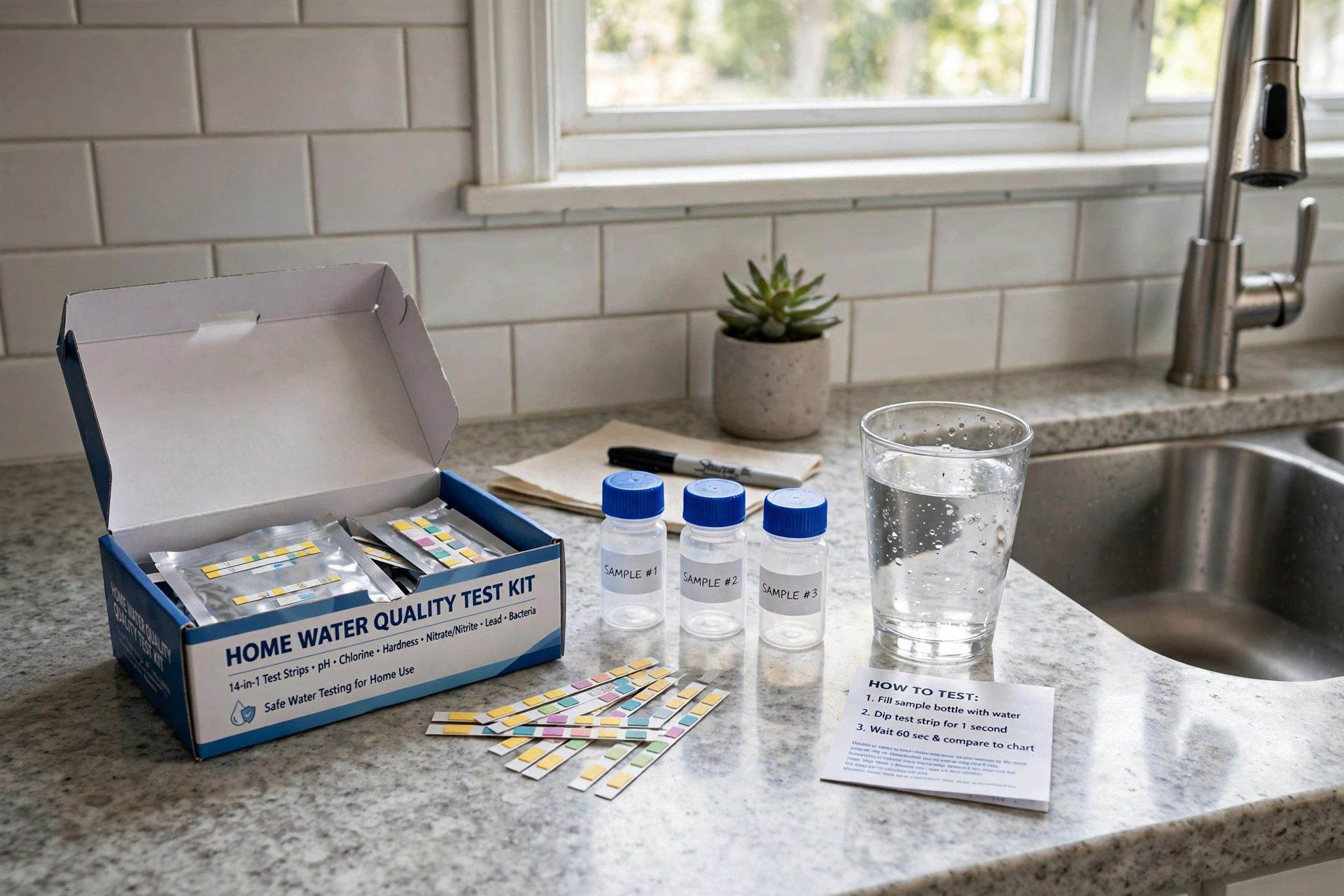 Home water quality test cost near me: water test kit on a kitchen counter