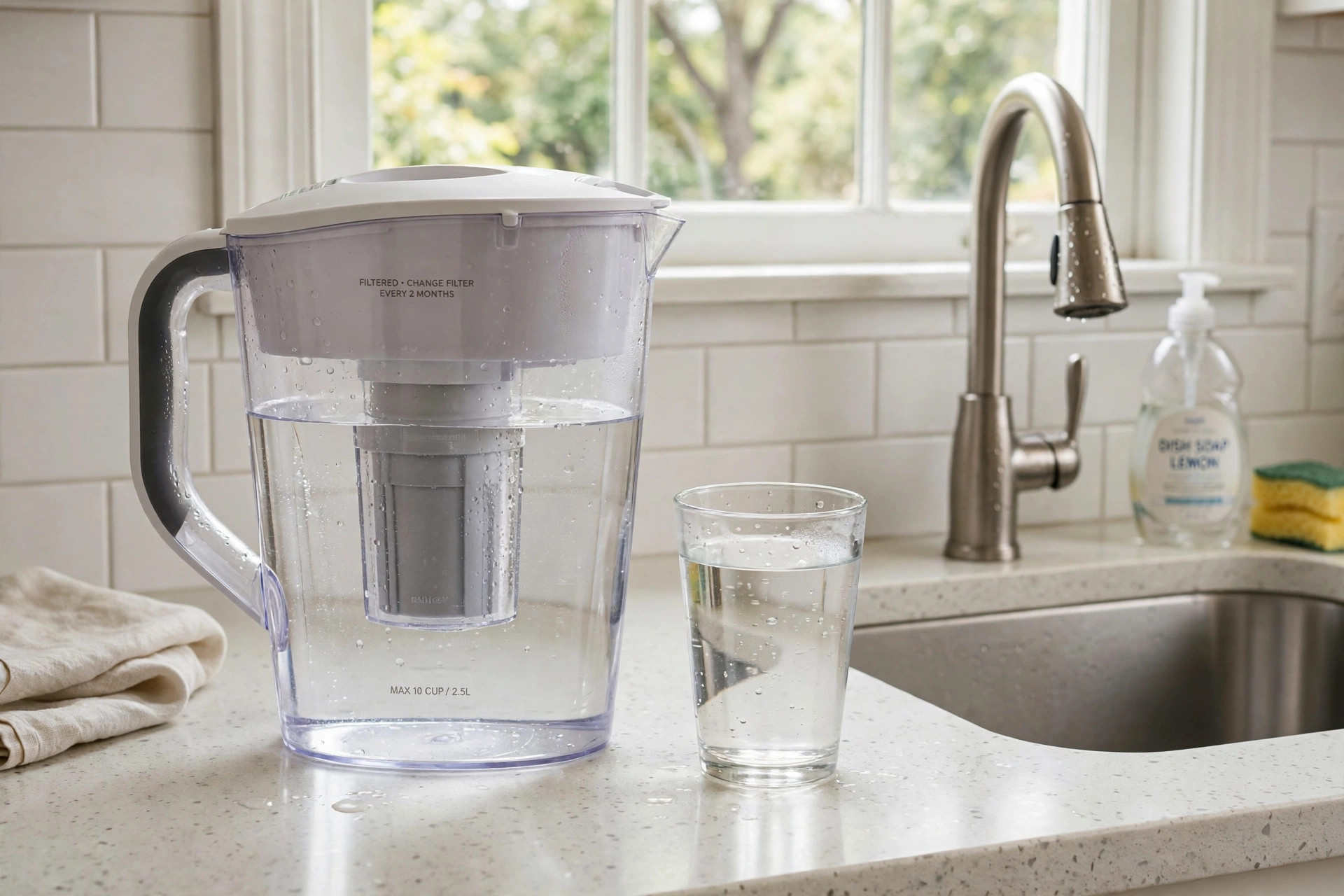 lead in drinking water filter reviews usa: A countertop lead water filter pitcher beside a clean glass of water on a kitchen counter