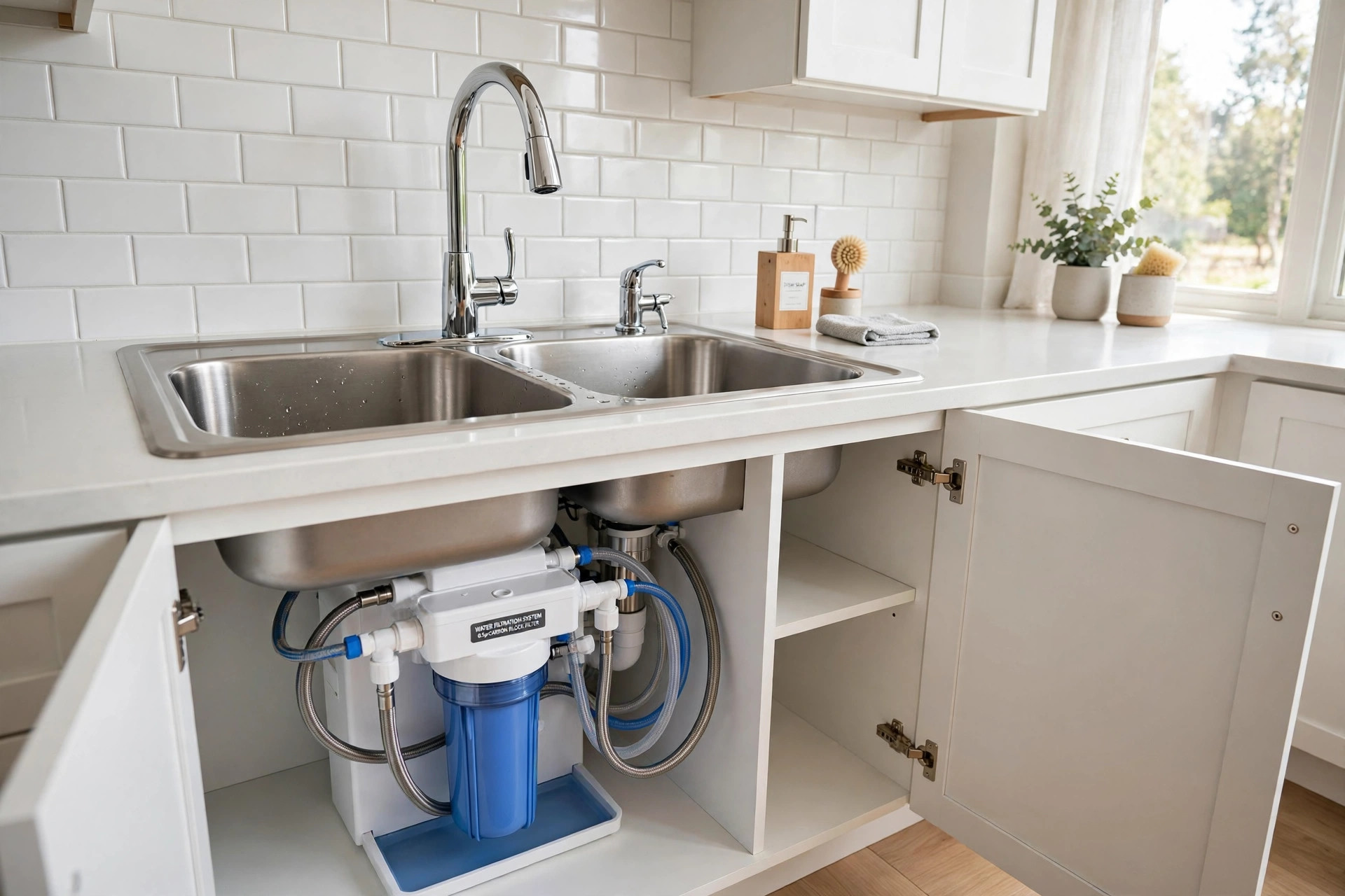 best filter for lead removal reviews usa: A kitchen sink with a new lead-removal water filter under it