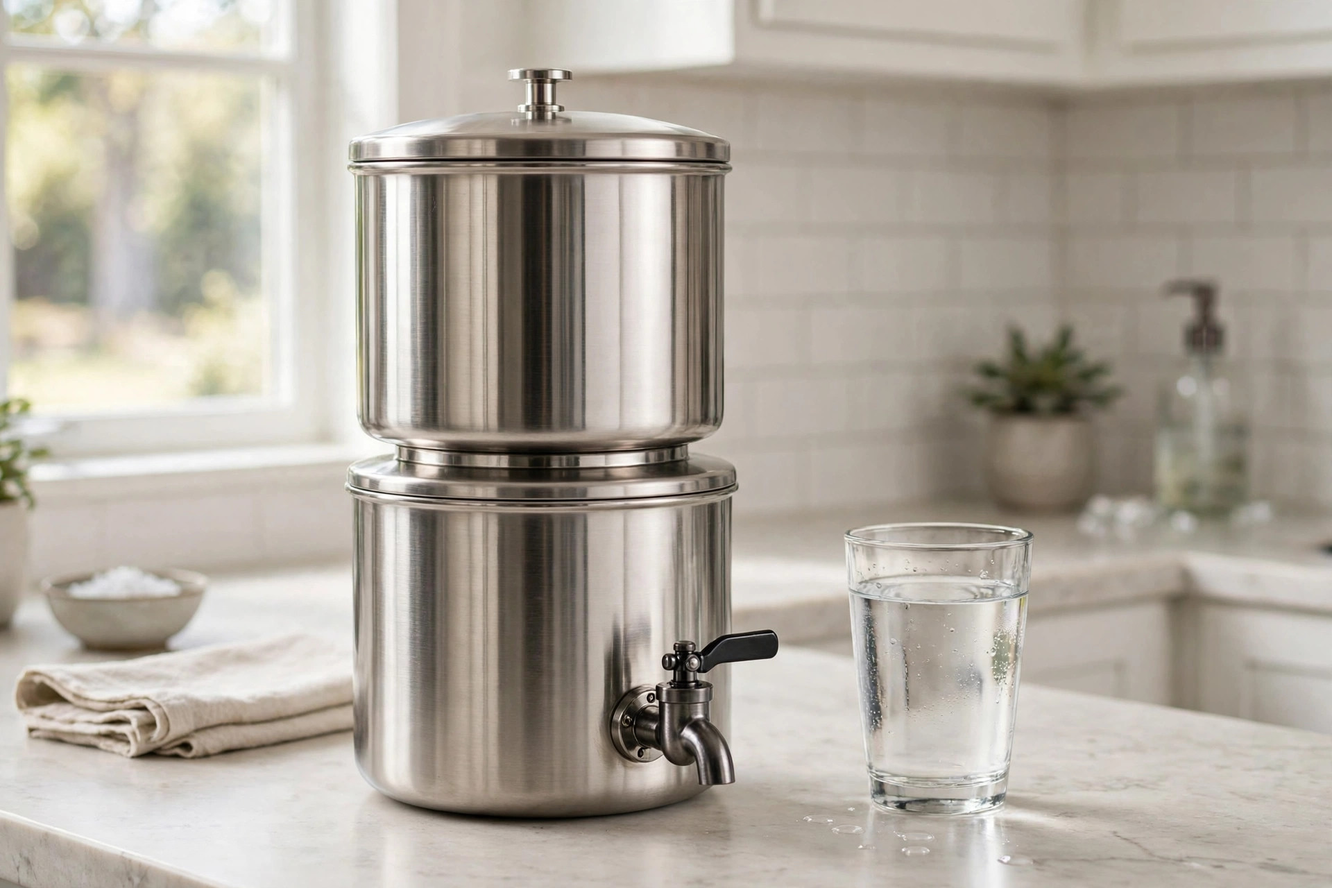 Gravity water filter for emergency reviews usa on a kitchen counter