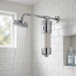 best shower filter for hard water usa: Chrome inline shower filter for hard water installed in an American bathroom