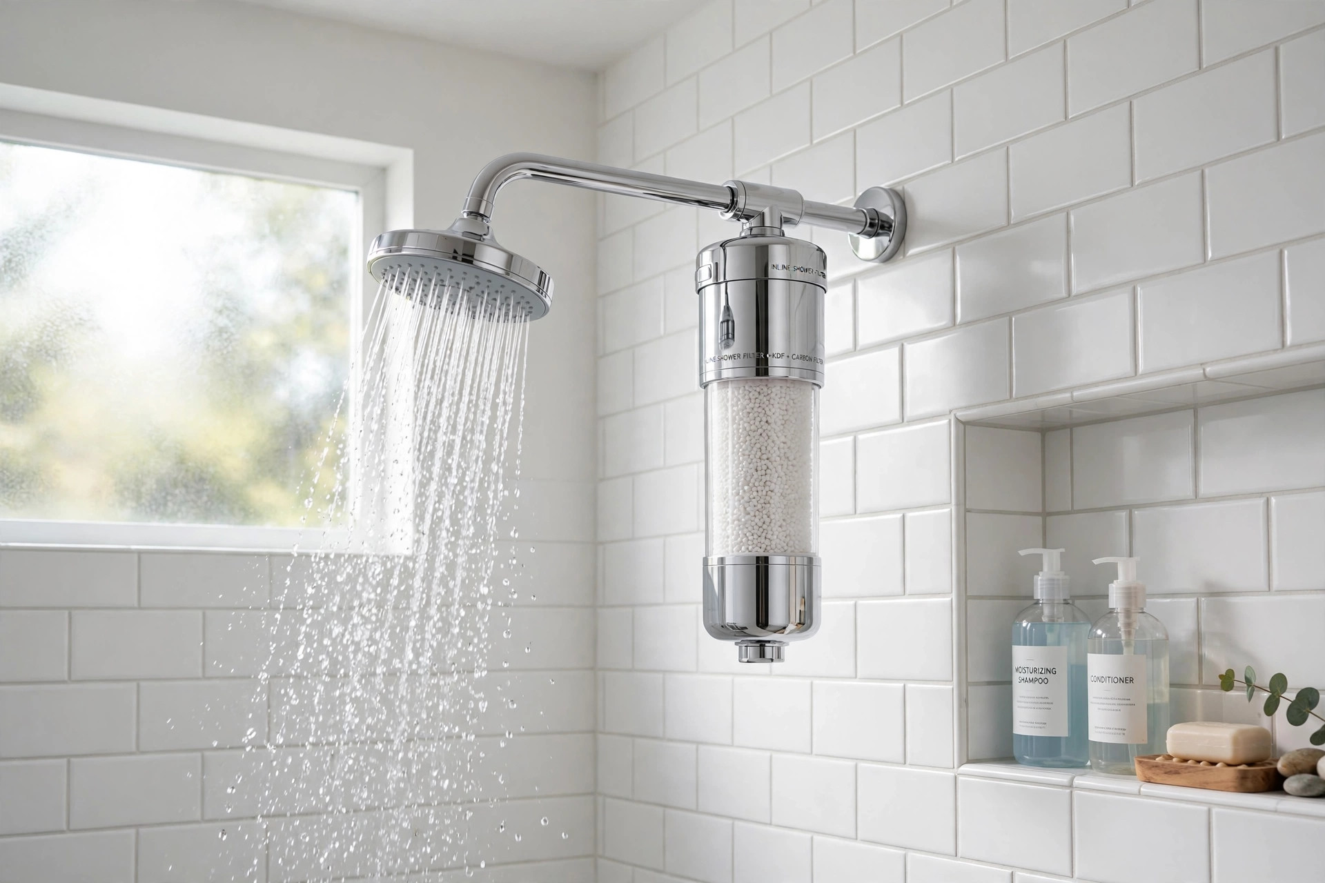 best shower filter for hard water usa: Chrome inline shower filter for hard water installed in an American bathroom