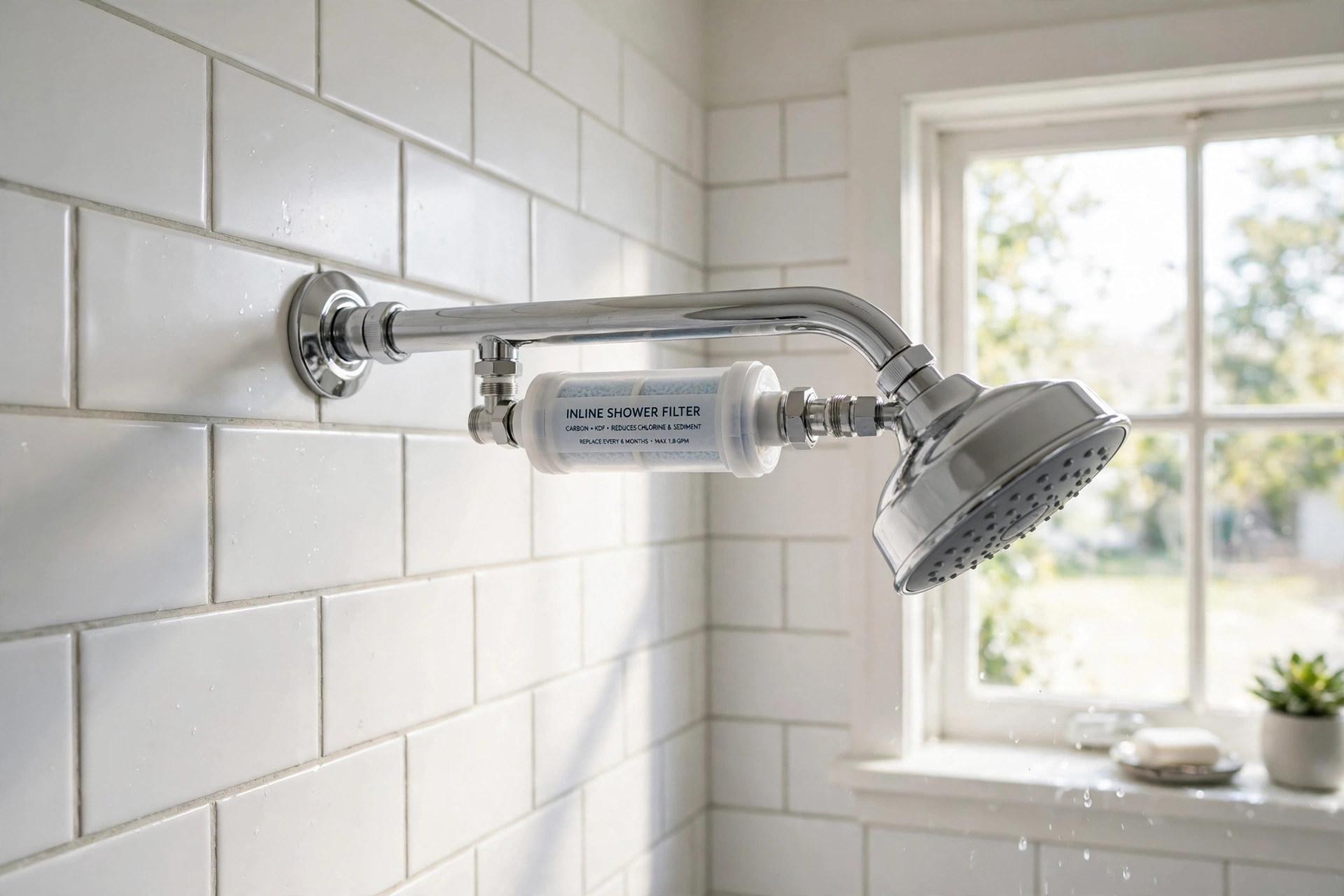 shower head filter for chlorine reviews usa: A wall-mounted shower head with an in-line filter canister in a bright American bathroom