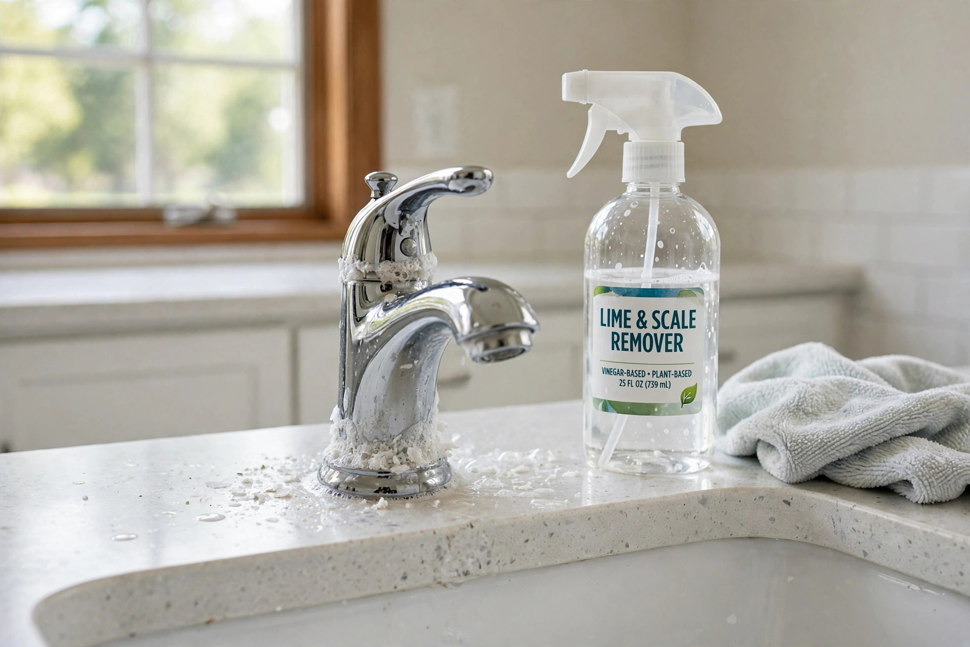 hard water stains on fixtures solutions usa: Bathroom faucet with hard water stain removal in progress