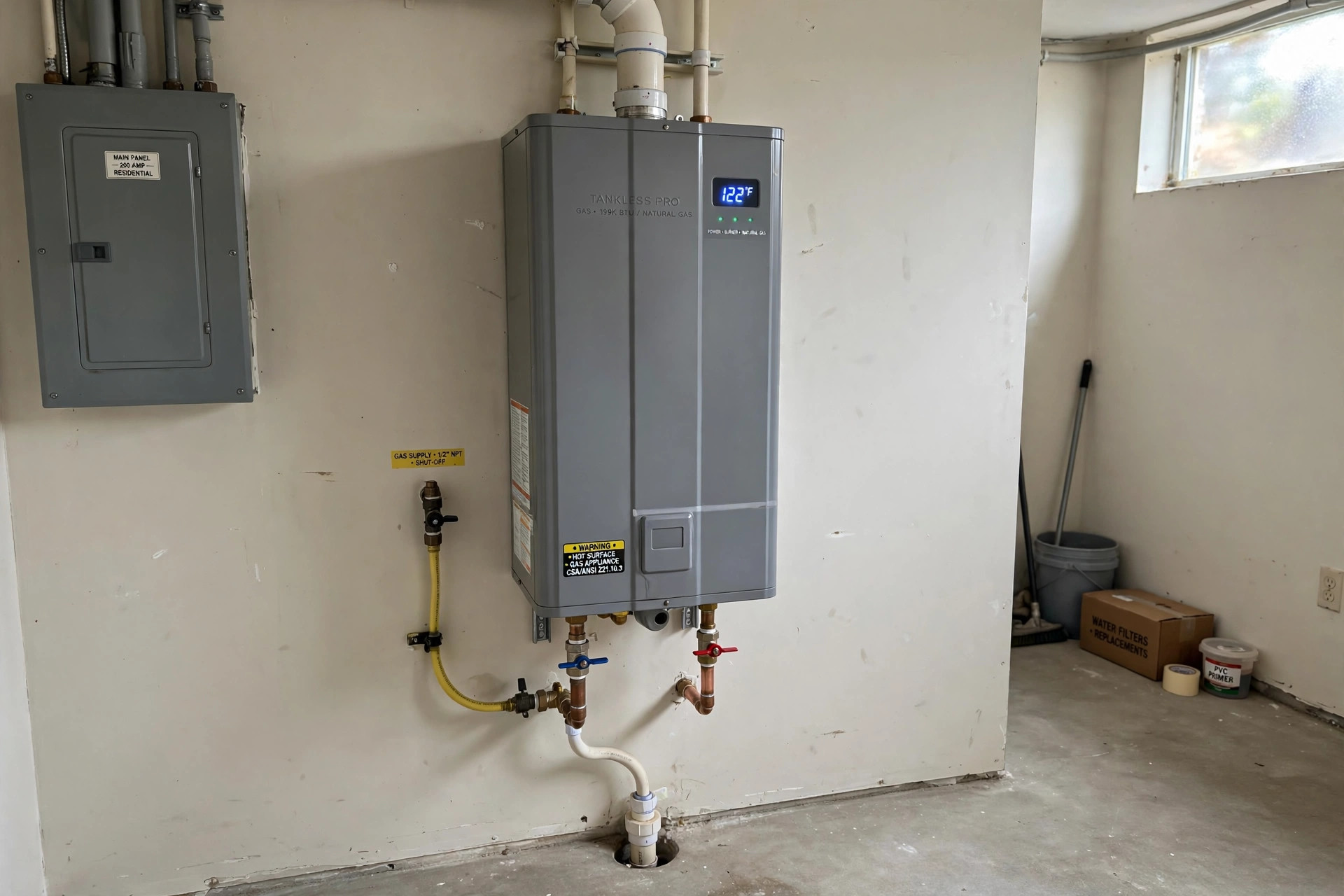 Gas tankless water heater installation cost USA guide showing a wall-mounted unit