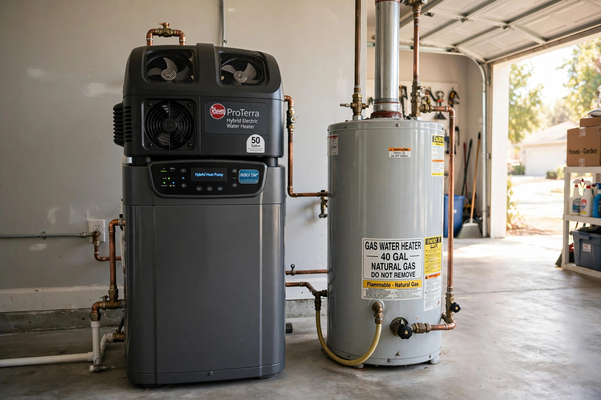 hybrid water heater vs gas comparison usa: Hybrid water heater next to gas water heater in an American home garage