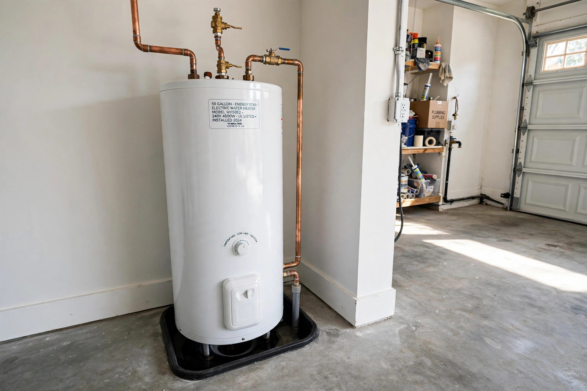 water heater replacement cost near me 2026: A new tank water heater in an American garage