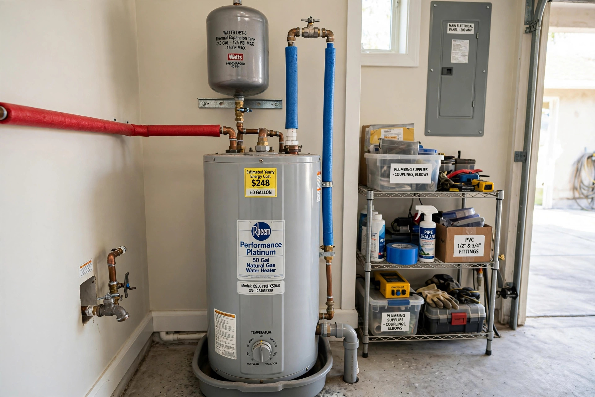 water heater expansion tank installation cost: Water heater expansion tank installed on a residential water heater