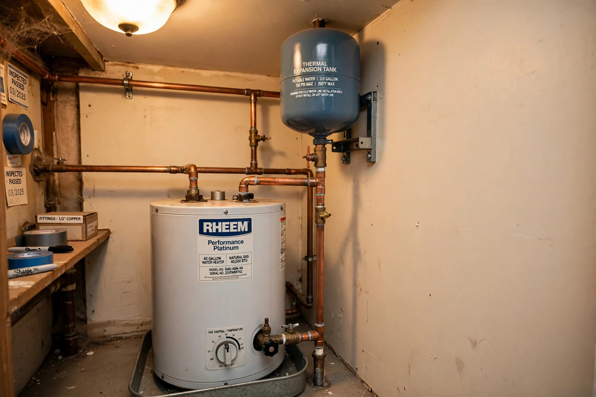 thermal expansion tank for water heater reviews: Thermal expansion tank for water heater installed above a tank in an American home