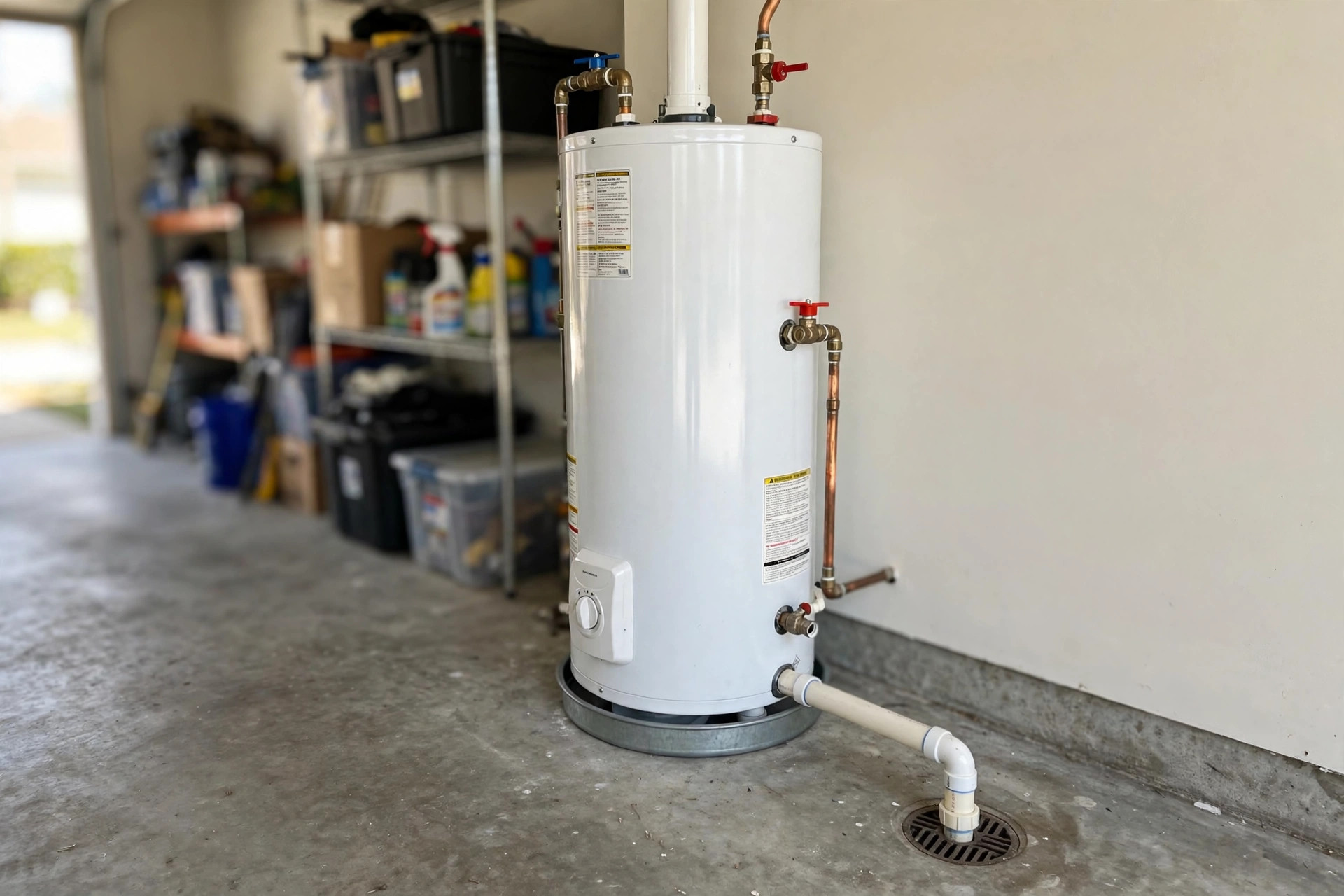 water heater pan with drain installation cost: Water heater pan with drain installed under a tank water heater in a clean garage