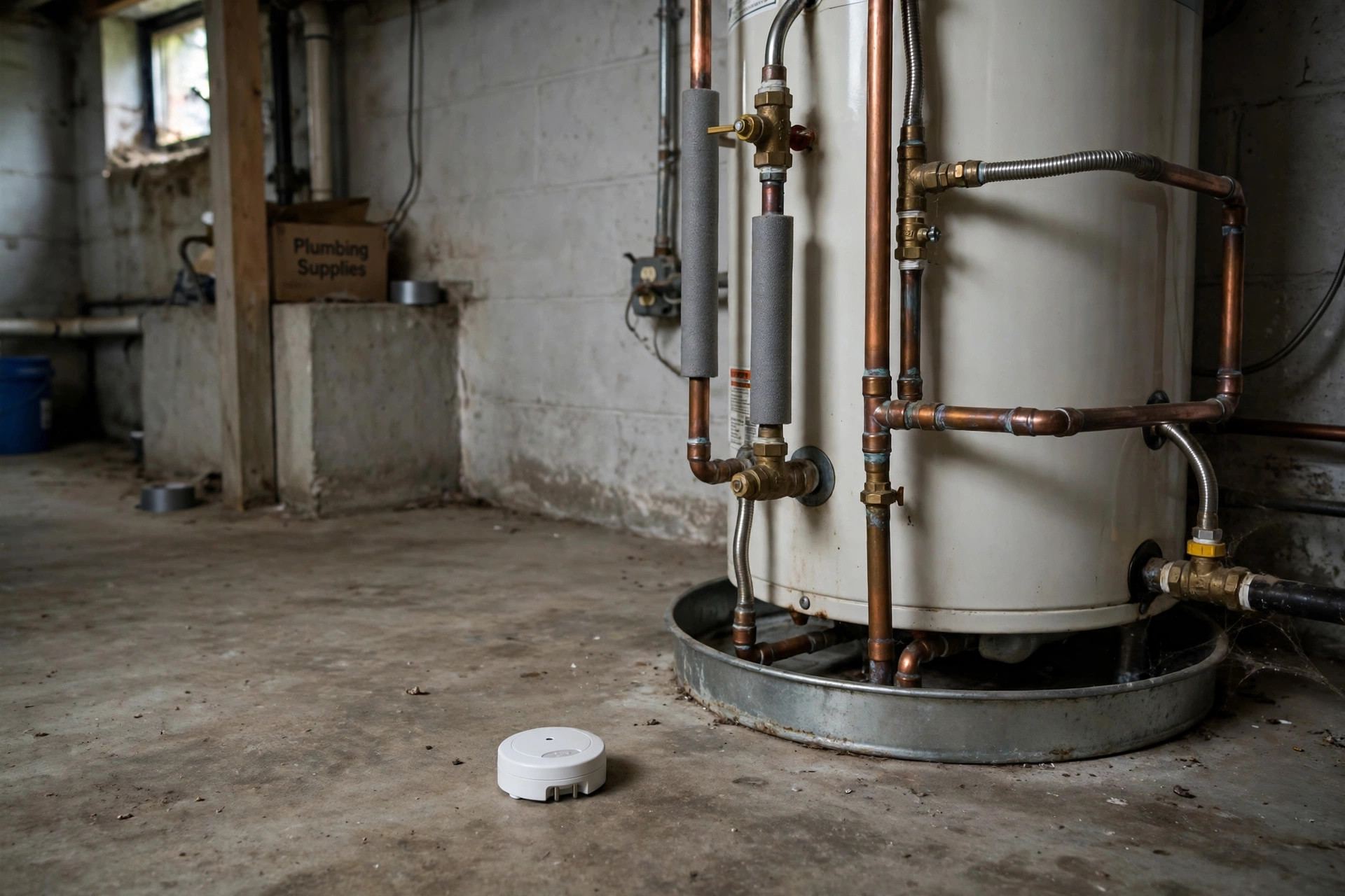 best water leak detector for water heater usa: Water leak detector sensor placed beside a water heater in an American home
