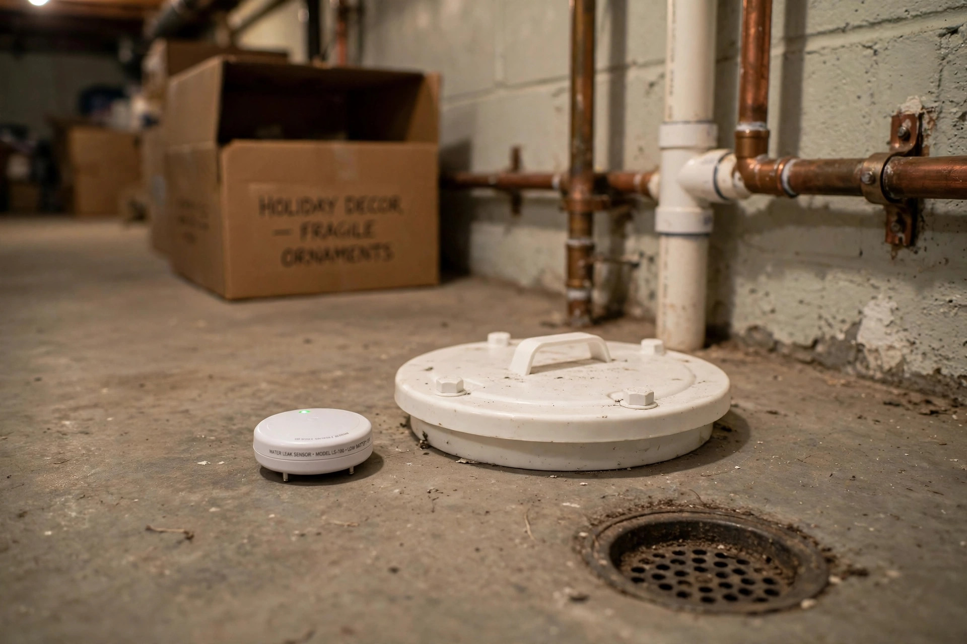 White water leak sensor on a basement floor near a sump pit, showing the best water leak sensors for basement usa