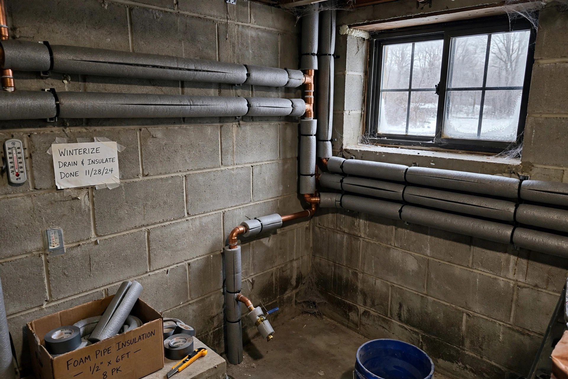 Frozen pipe prevention tips for USA homes: insulated water pipes in an American basement