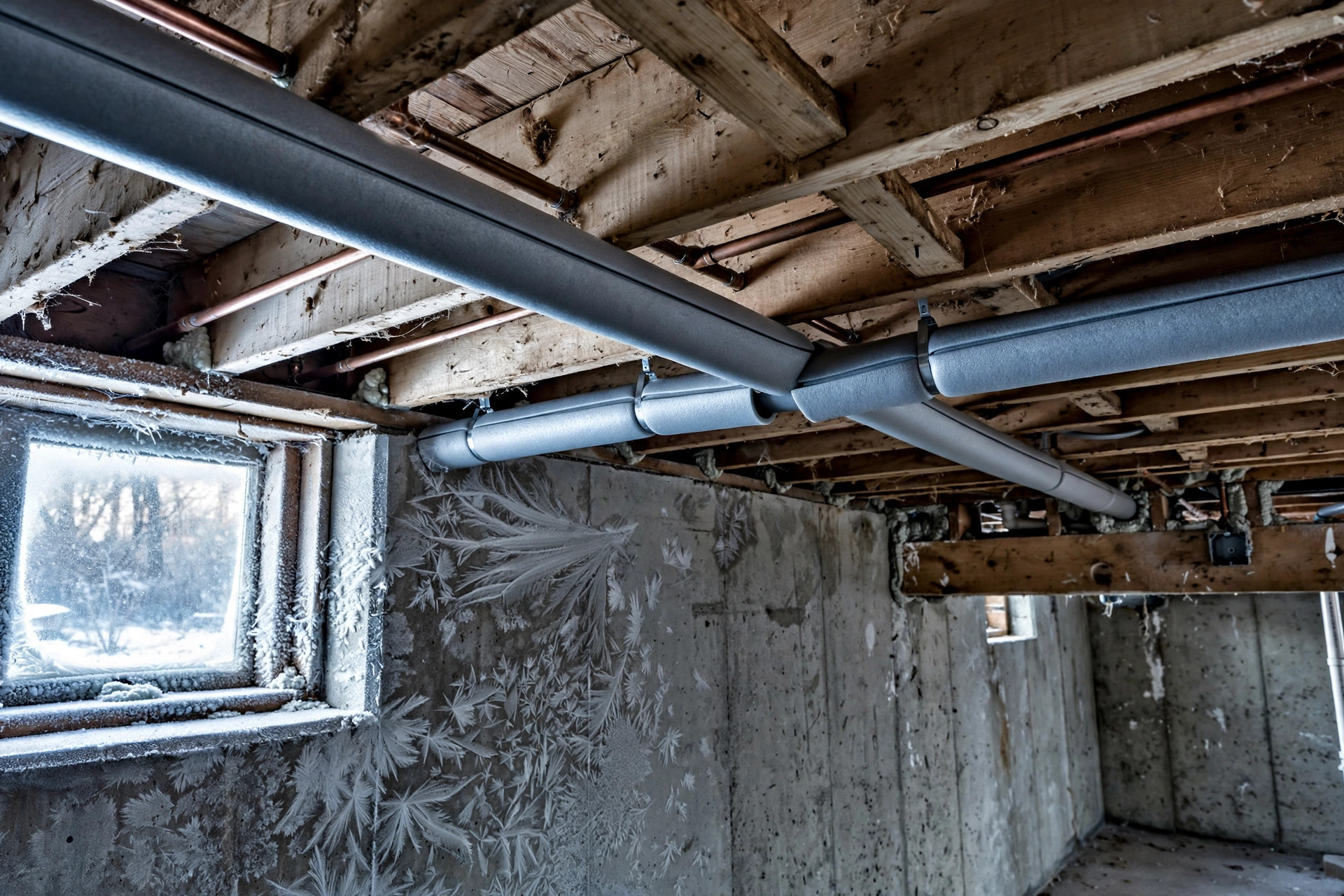 best pipe insulation for cold climates usa: Foam pipe insulation sleeves fitted over water pipes in an American home basement for winter cold protection
