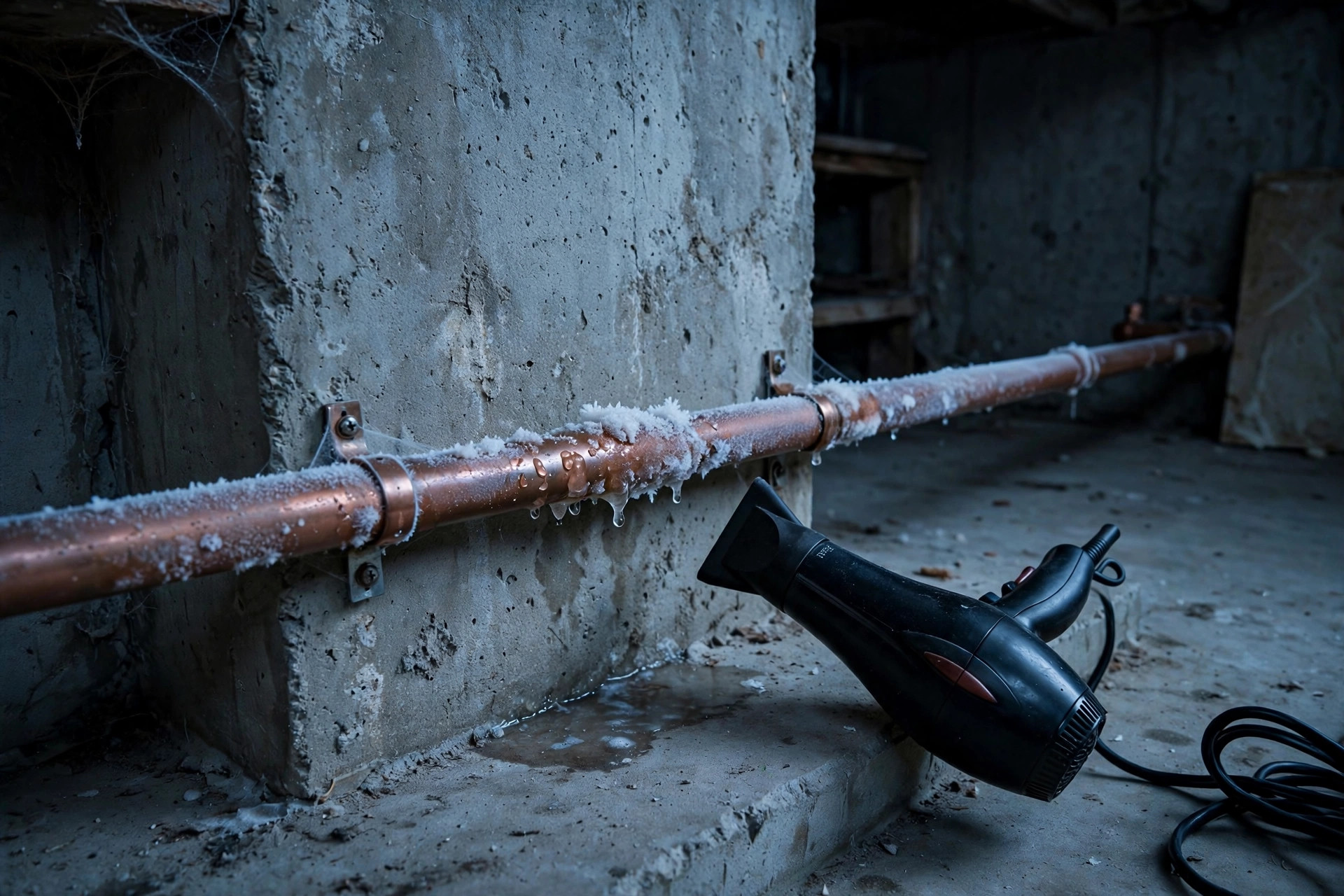 how to thaw frozen pipes safely usa guide: A frozen copper water pipe in a cold American basement with frost on its surface, being warmed safely