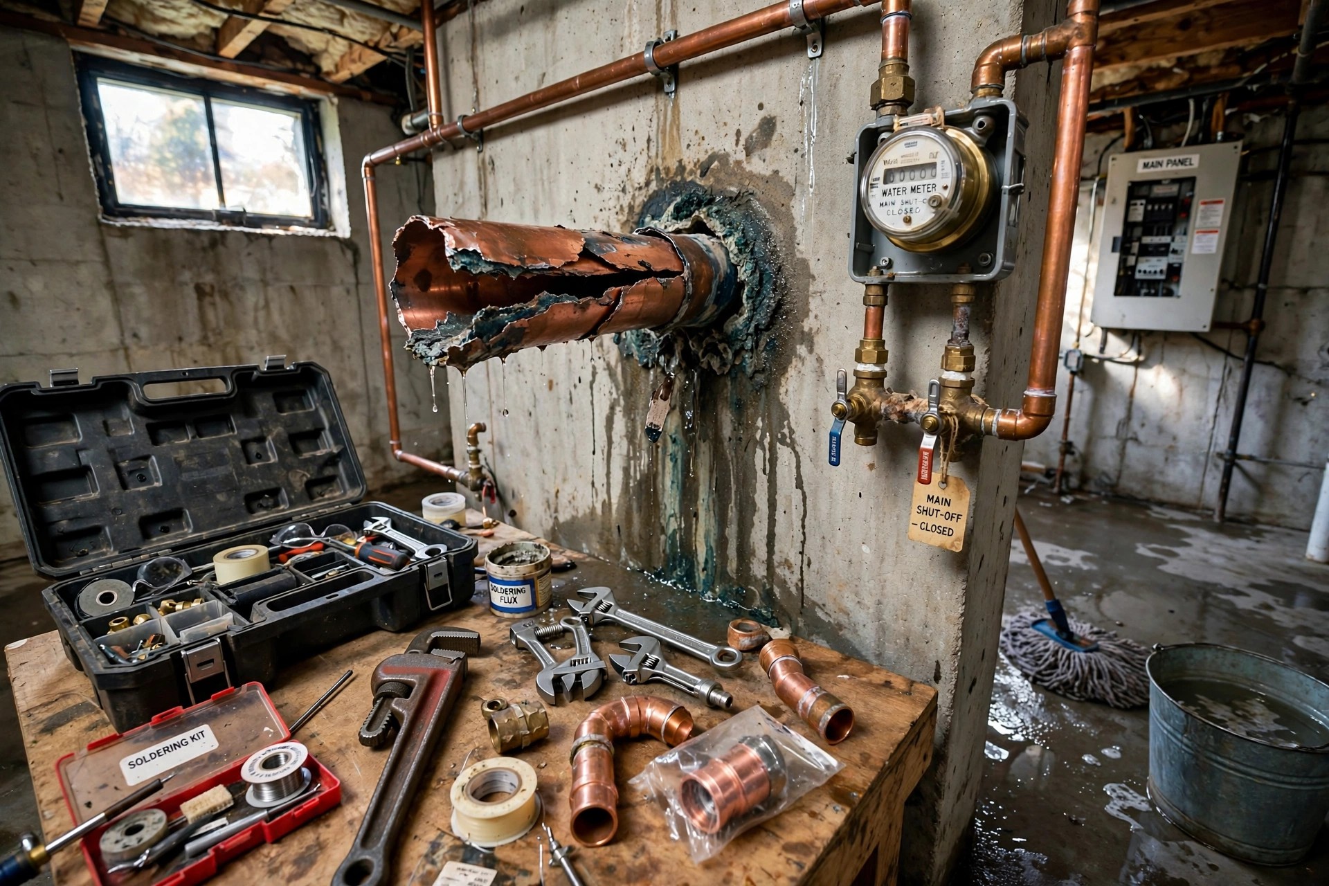 burst pipe repair cost near me: Burst copper water pipe repair in a home basement