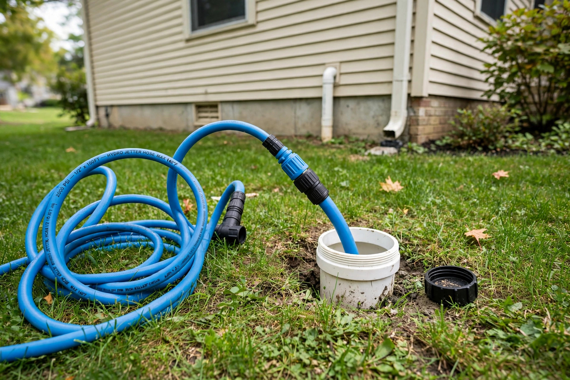 Hydro jetting cost for sewer line usa: technician equipment at a home sewer cleanout