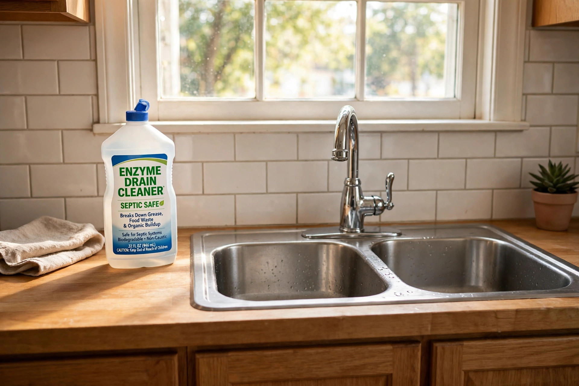 enzyme drain cleaner reviews for septic usa: Bottle of enzyme drain cleaner next to a kitchen sink in an American home
