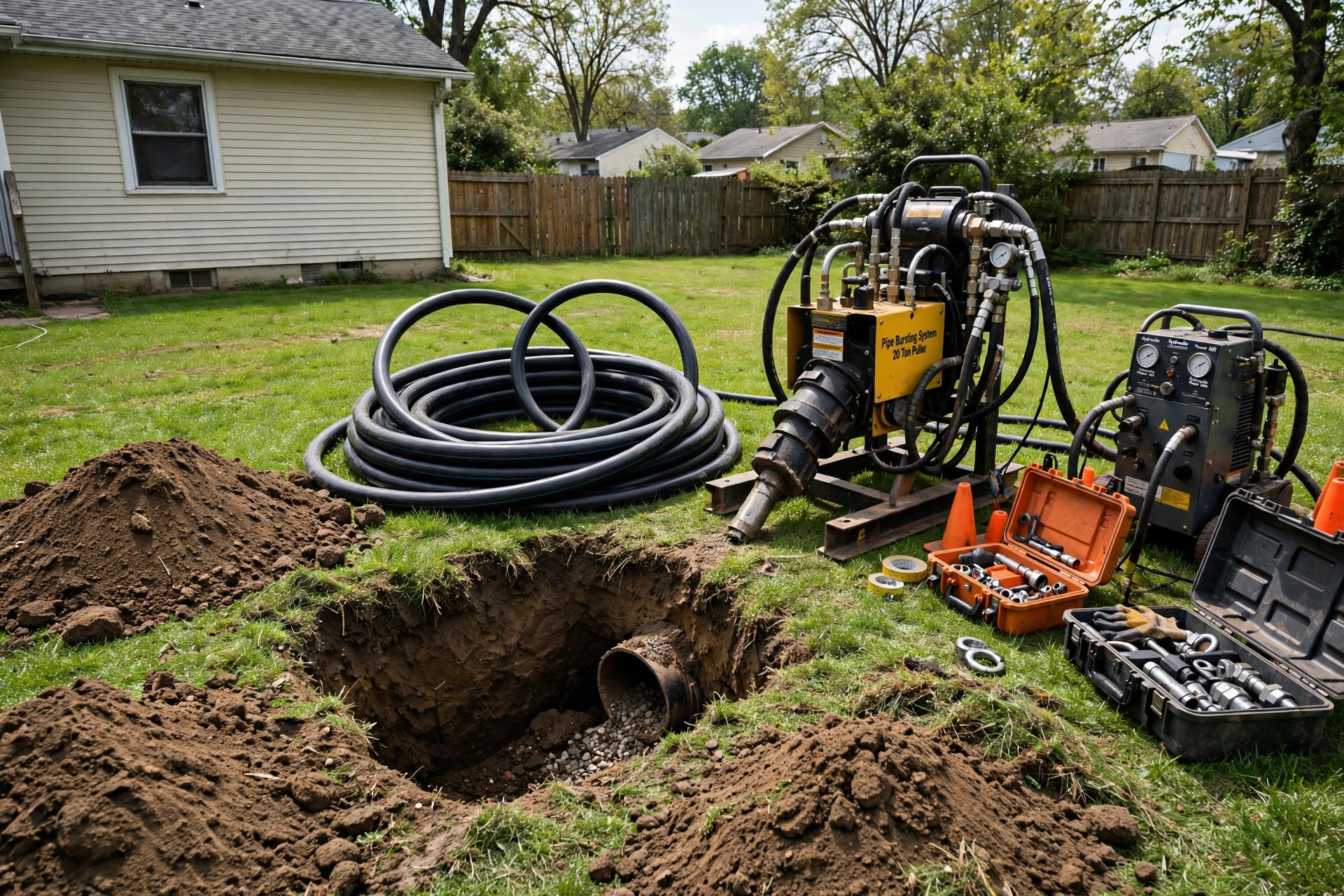 Trenchless sewer repair equipment set up near a home for pipe bursting vs pipe lining cost comparison