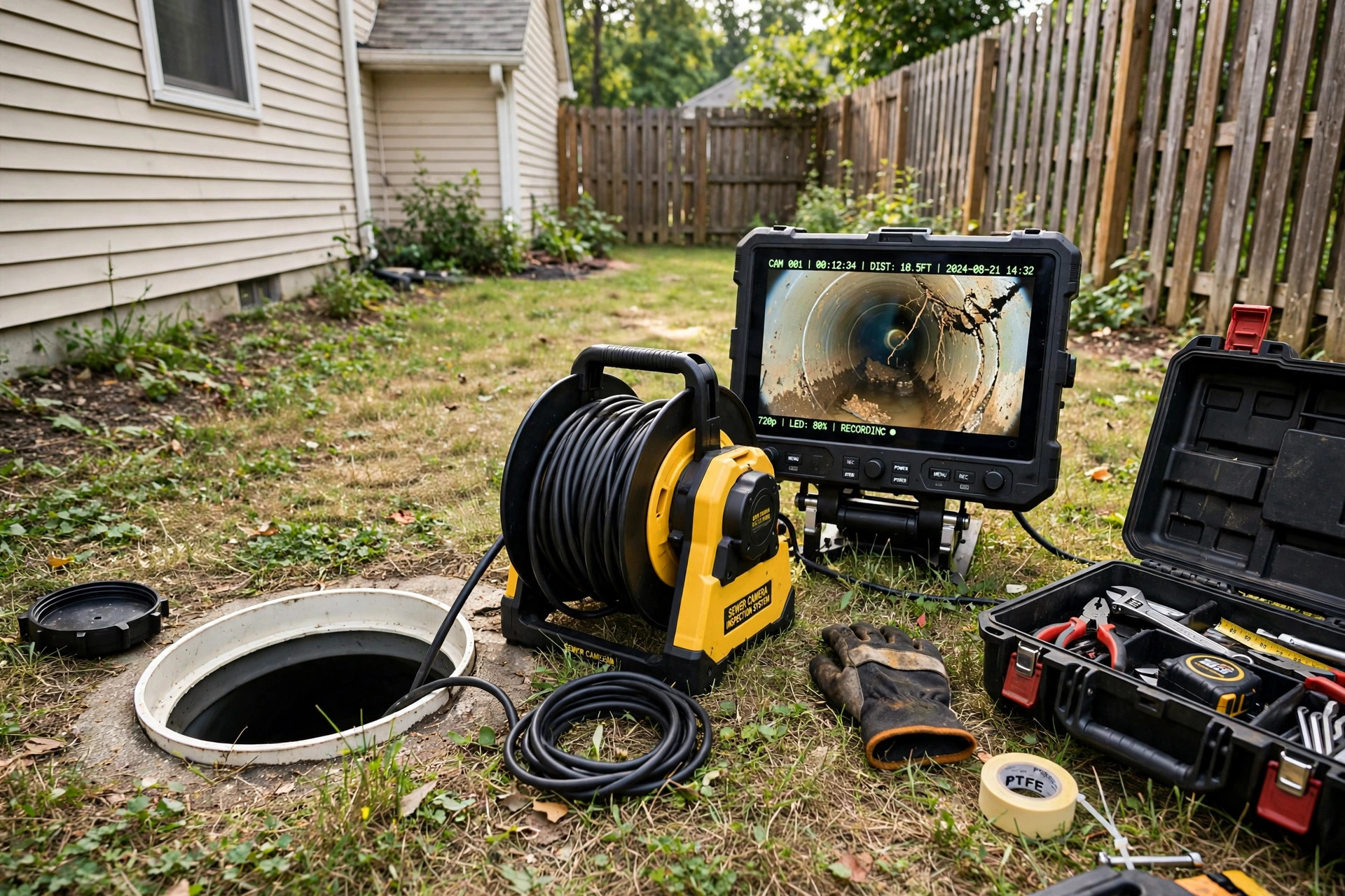 sewer camera inspection cost near me: A sewer camera inspection reel and monitor set up at a residential cleanout