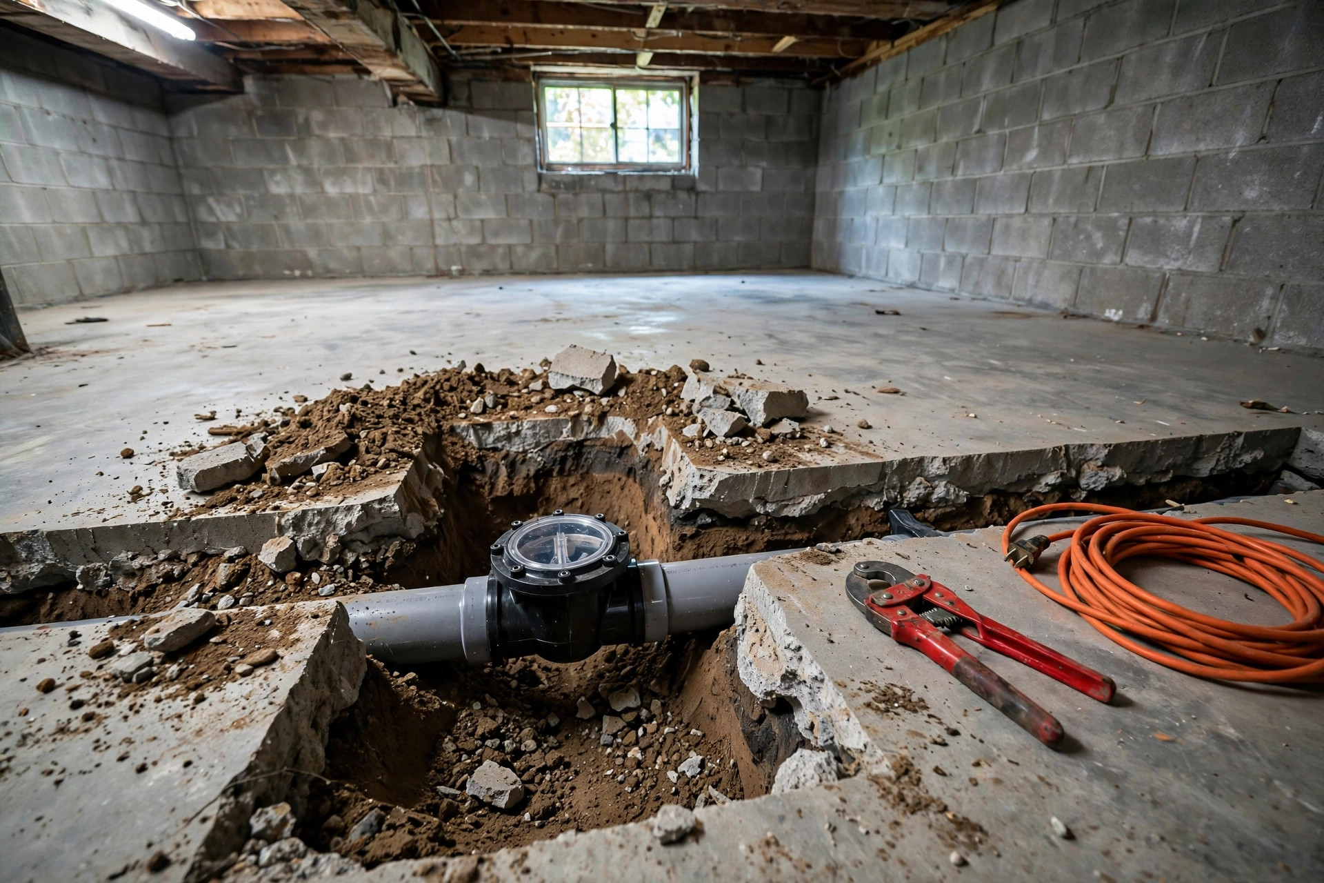 Backwater valve installation cost for basement shown as an exposed sewer line with a new backwater valve in a basement floor trench