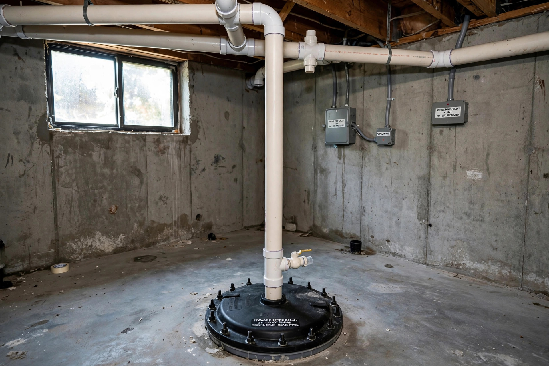 sewage ejector pump installation cost USA explained in a basement