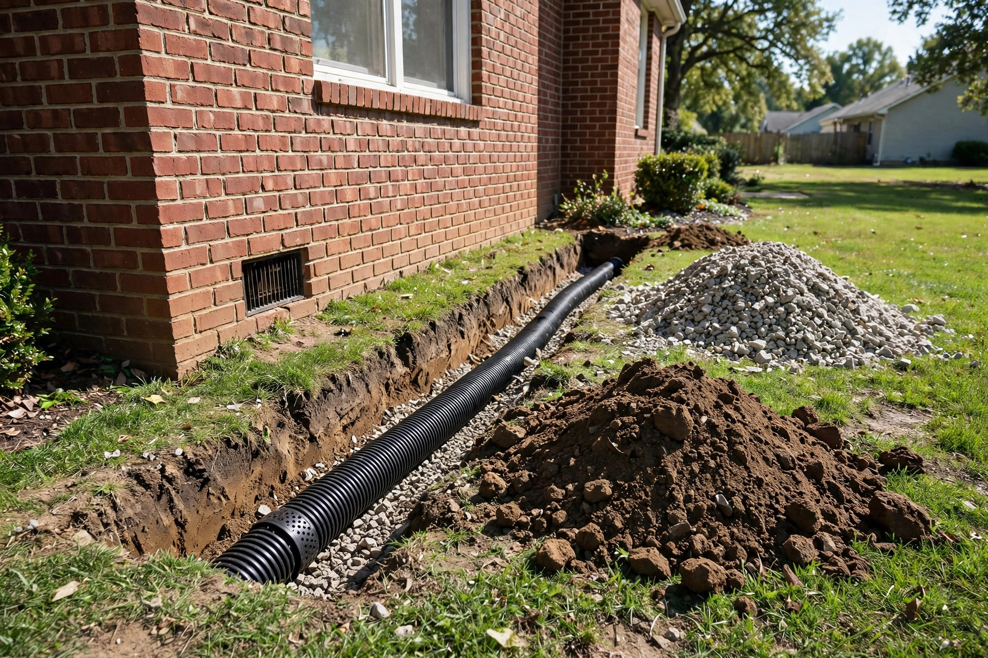french drain installation cost per foot usa: French drain installation cost per foot in the USA: open gravel trench with perforated drain pipe beside a house foundation