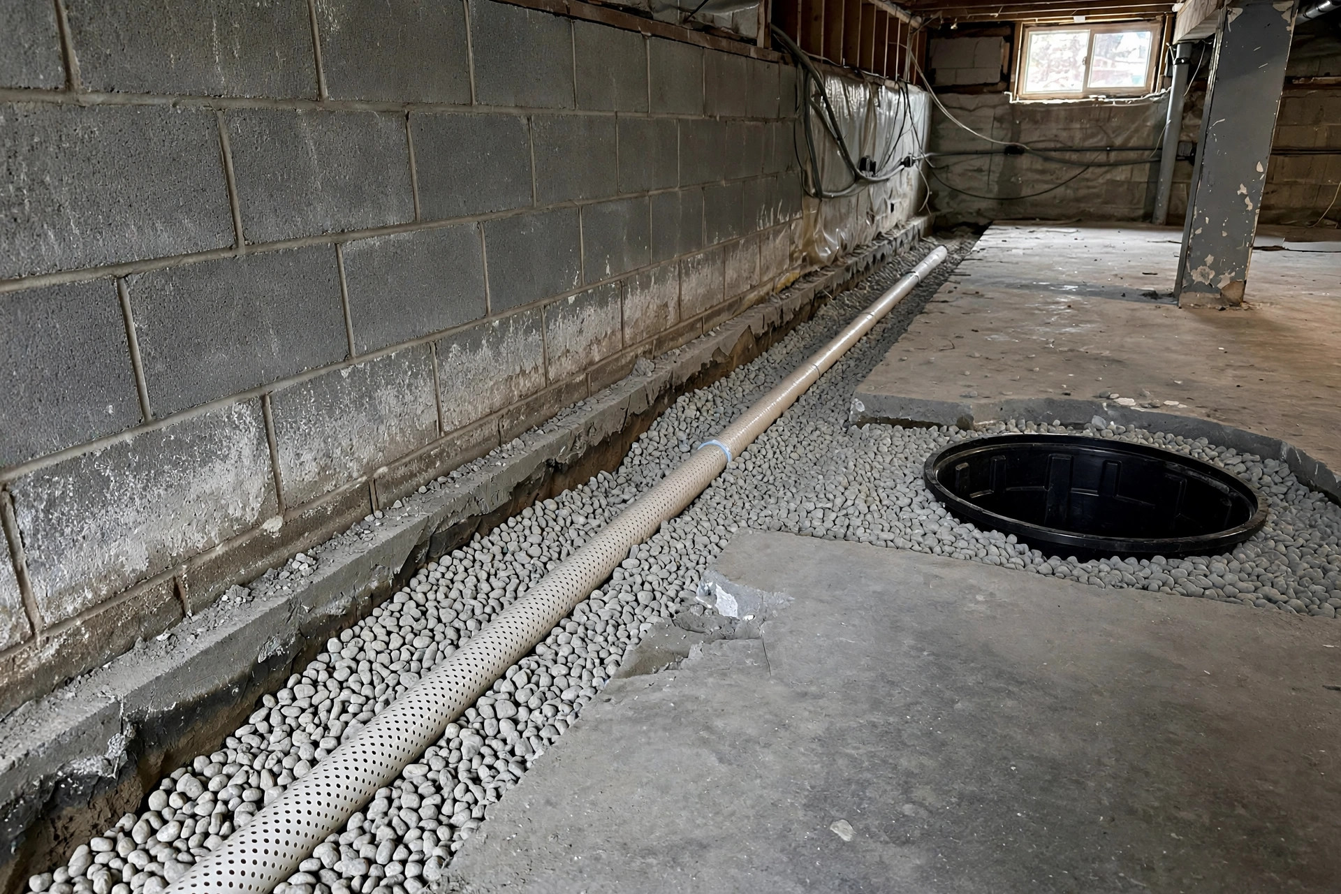 Interior french drain system cost basement: perforated pipe beside a basement footing