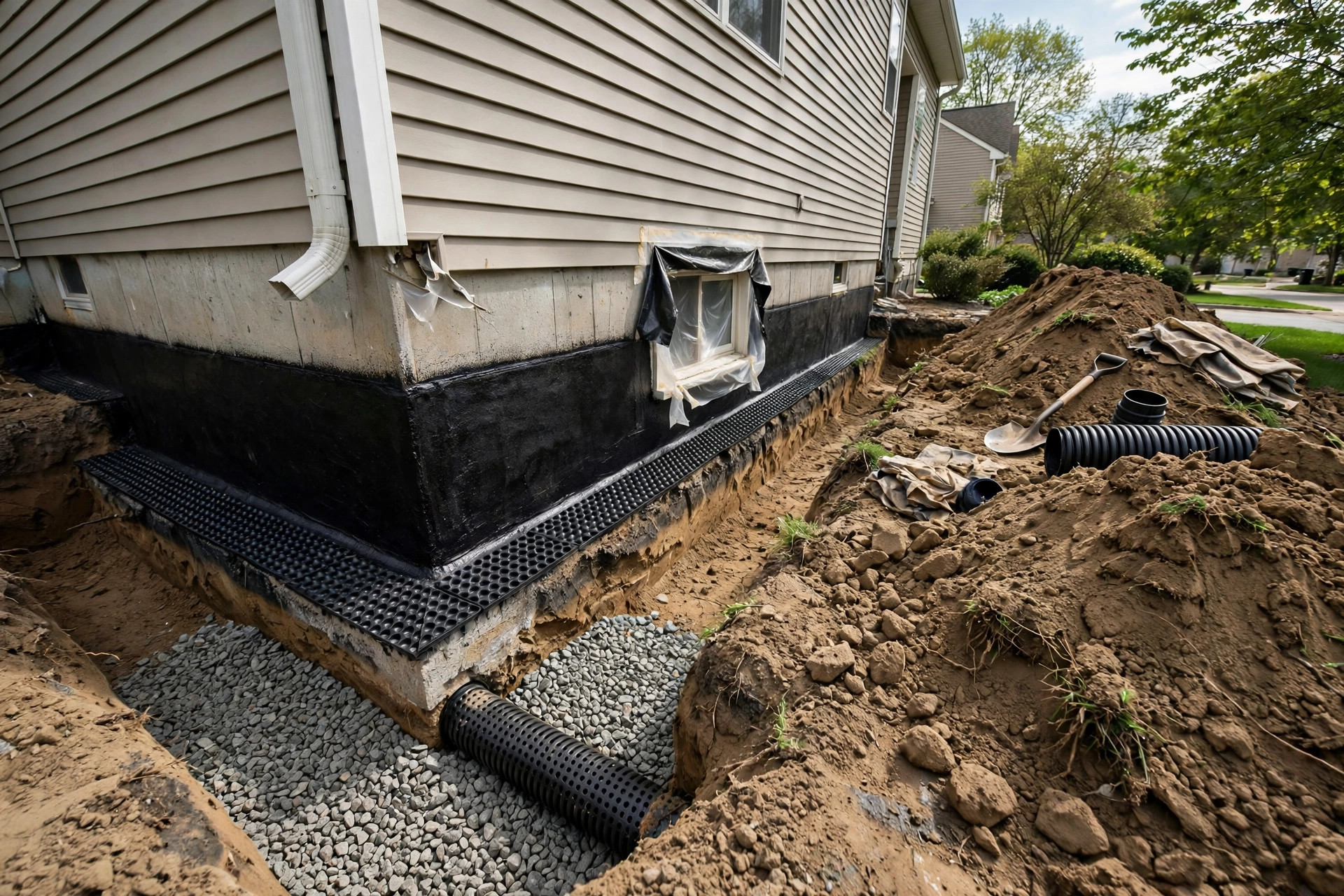 Exterior basement waterproofing cost USA — excavated foundation with waterproof membrane