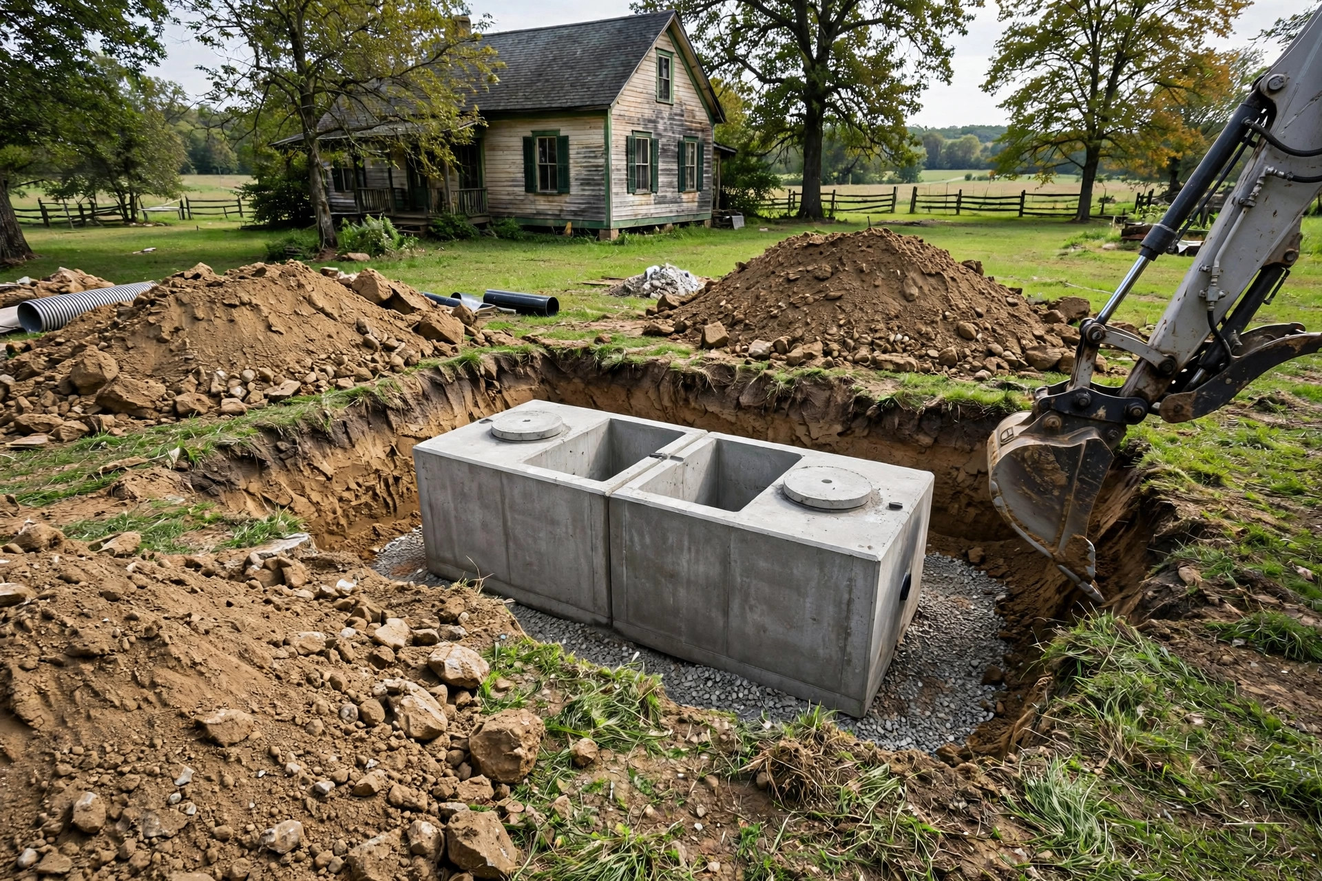 septic tank replacement cost near me 2026: New concrete septic tank installed in an excavated residential yard