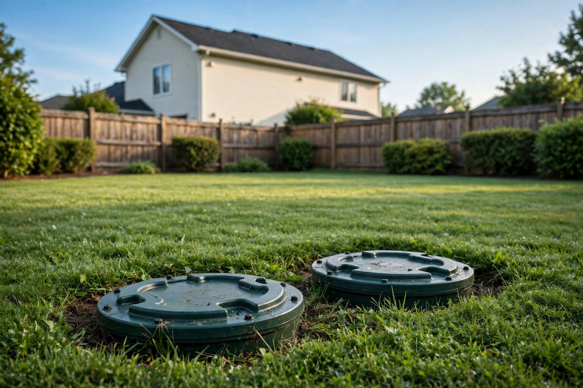 how often to pump septic tank usa guide: Green septic tank access lids in a suburban yard