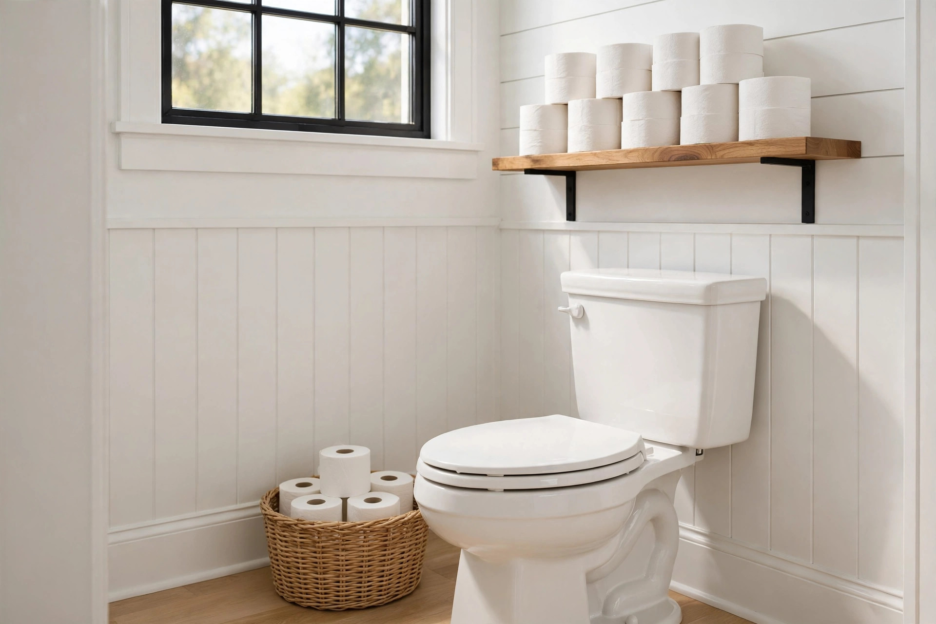 septic safe toilet paper reviews usa: Rolls of septic safe toilet paper on a bathroom shelf