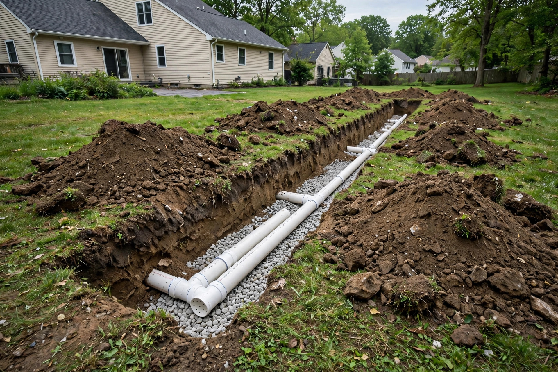 septic drain field repair cost near me: Backyard septic drain field trench work with new pipe sections and clean gravel in a residential yard