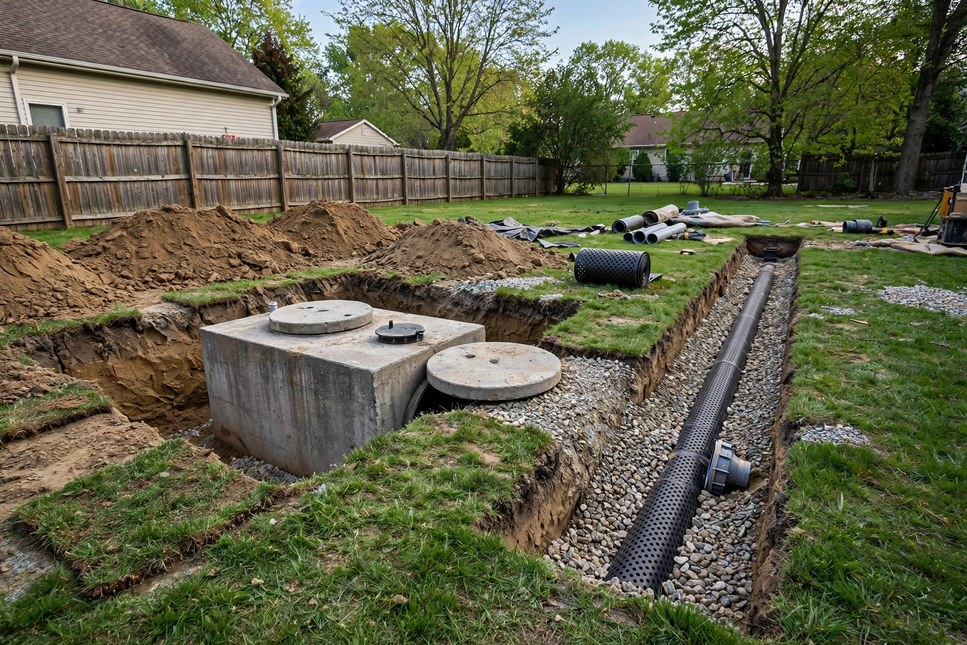 Concrete septic tank and distribution box in a green yard, conventional vs aerobic septic system cost