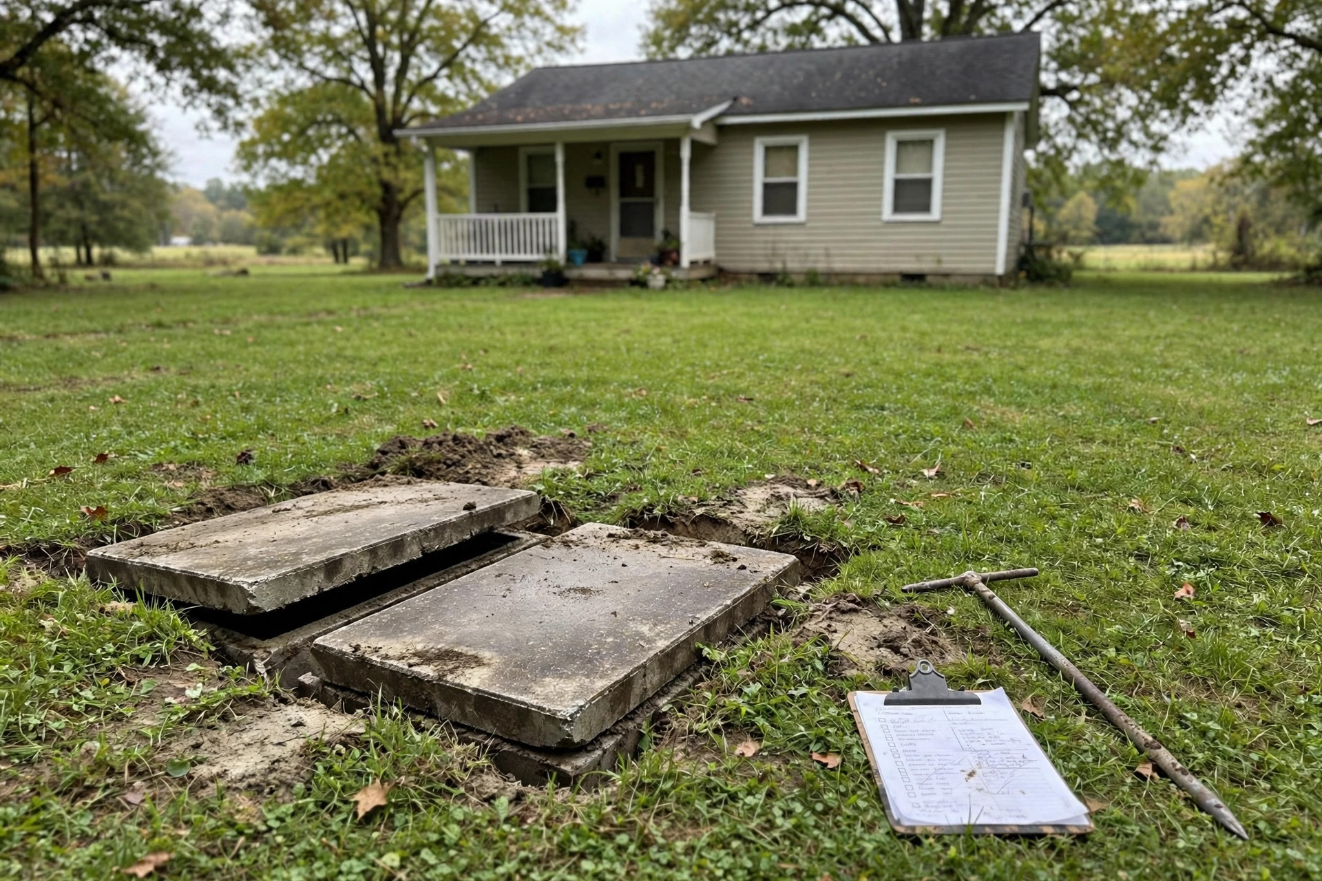 Septic inspection cost when buying home usa: technician checking tank lids in a rural front yard