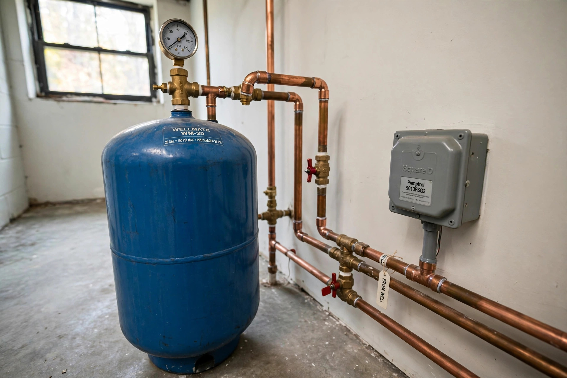 Low well water pressure solutions for homes: pressure tank and gauge in a utility room