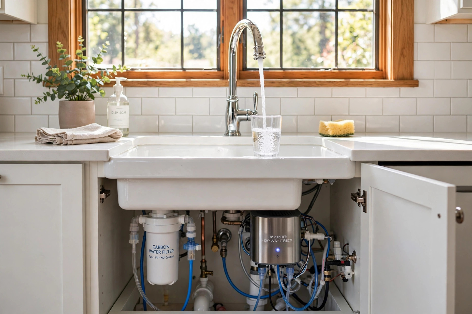 bacteria in well water treatment options usa: Glass of clear water at a kitchen sink, well water treatment options usa