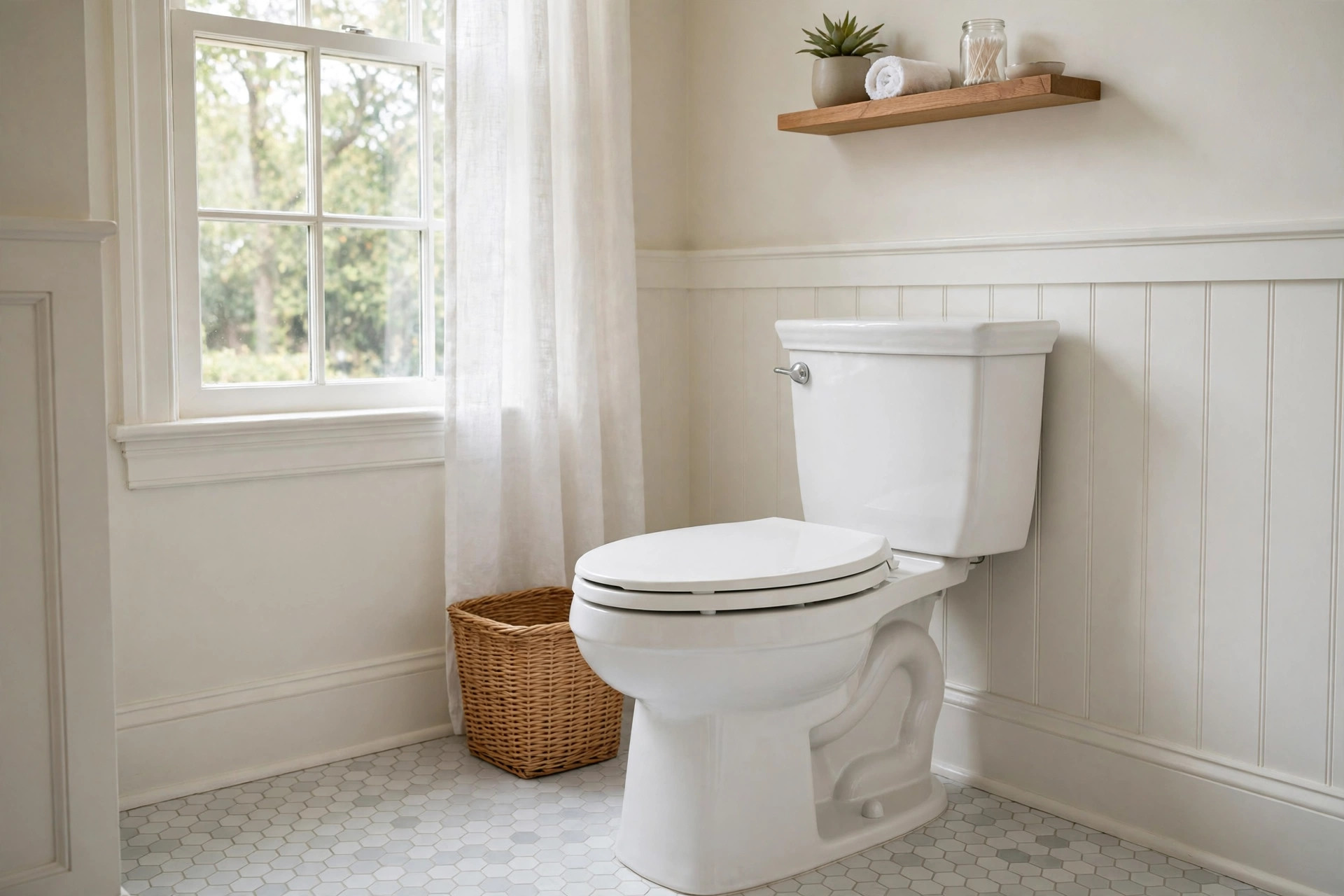A white toilet in a bright American bathroom, a model suited as the best toilet for low water pressure usa homes