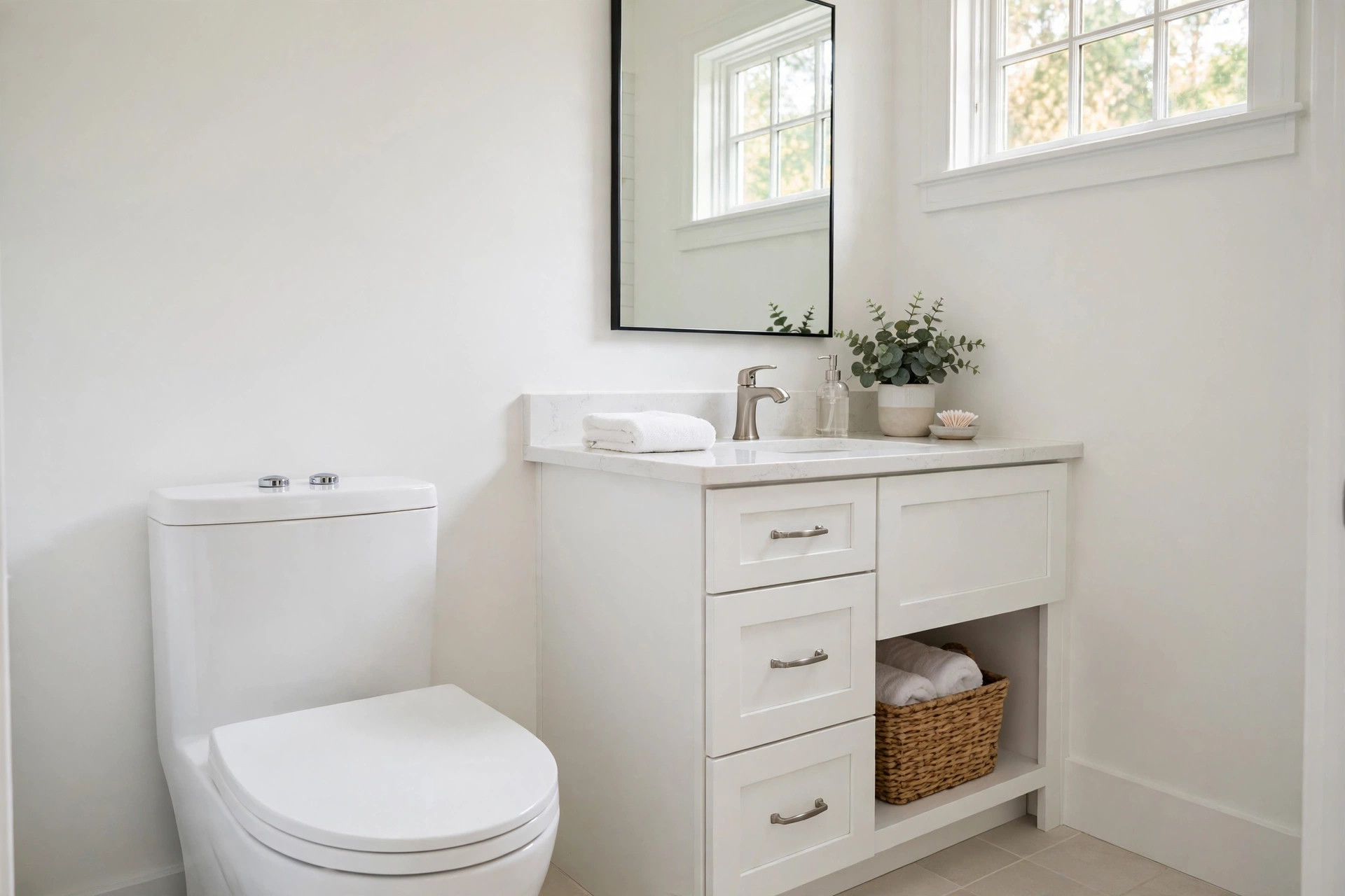 dual flush toilet pros and cons reviews usa: Dual flush toilet in a clean American bathroom